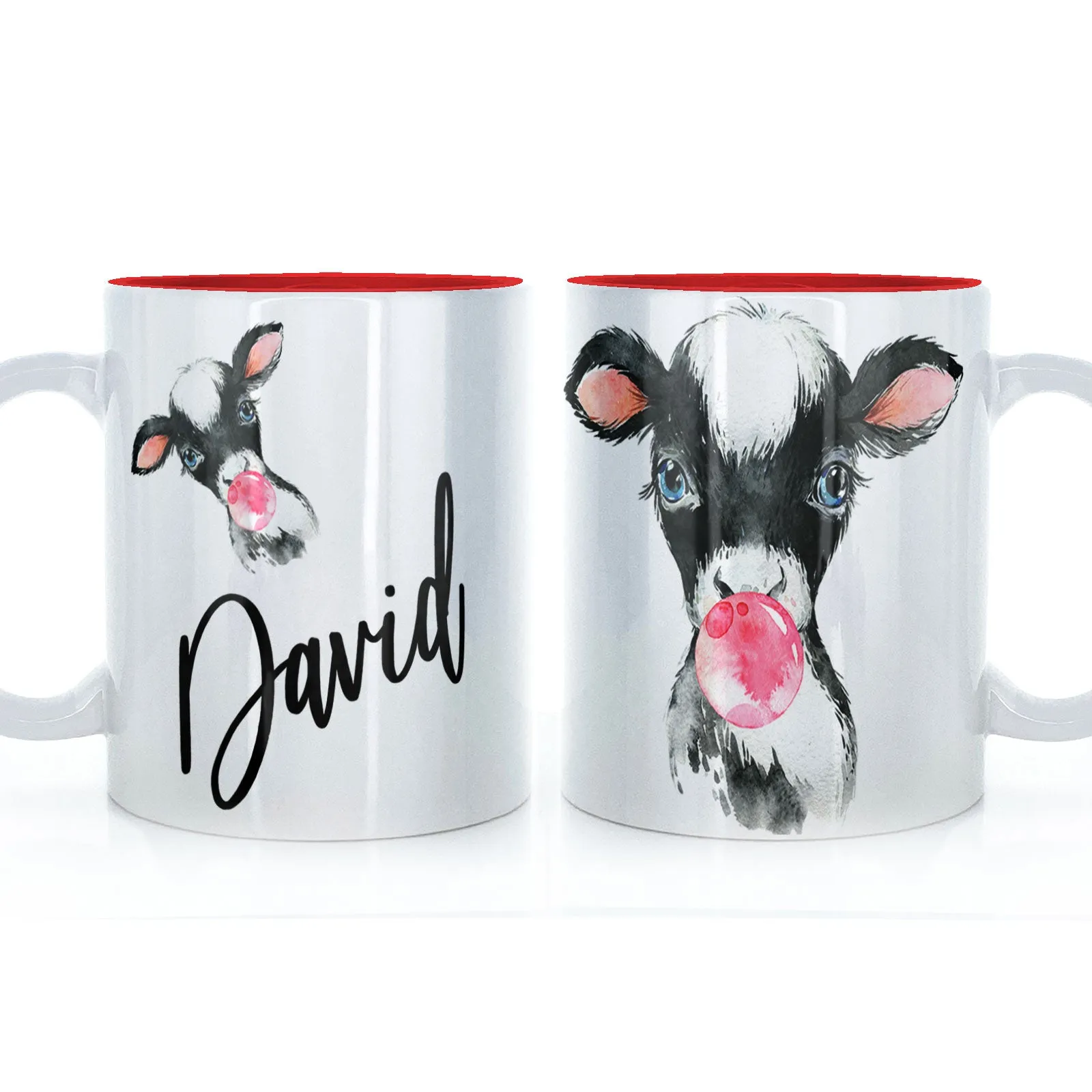 Personalised Mug with Stylish Text and Bubble Gum Cow