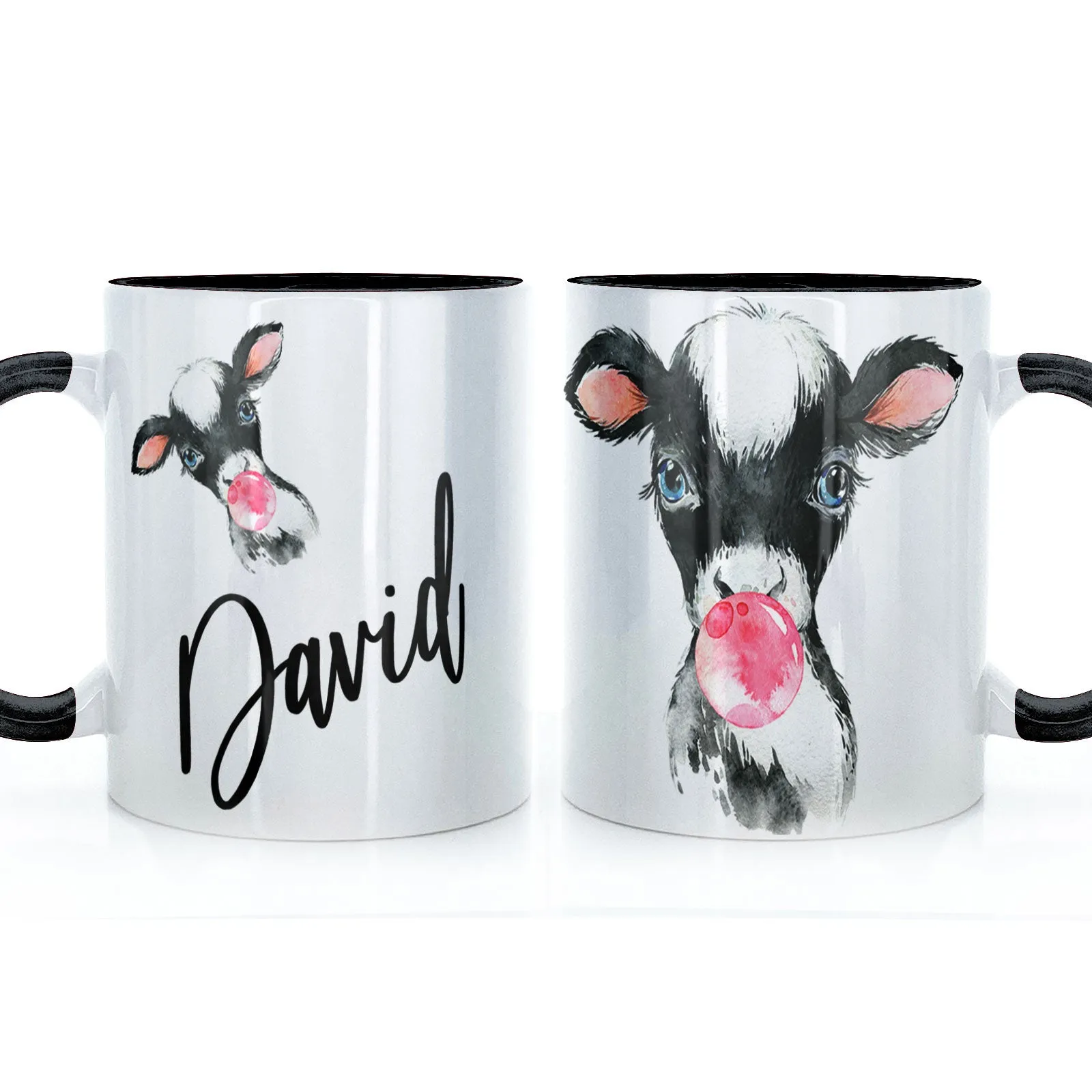 Personalised Mug with Stylish Text and Bubble Gum Cow