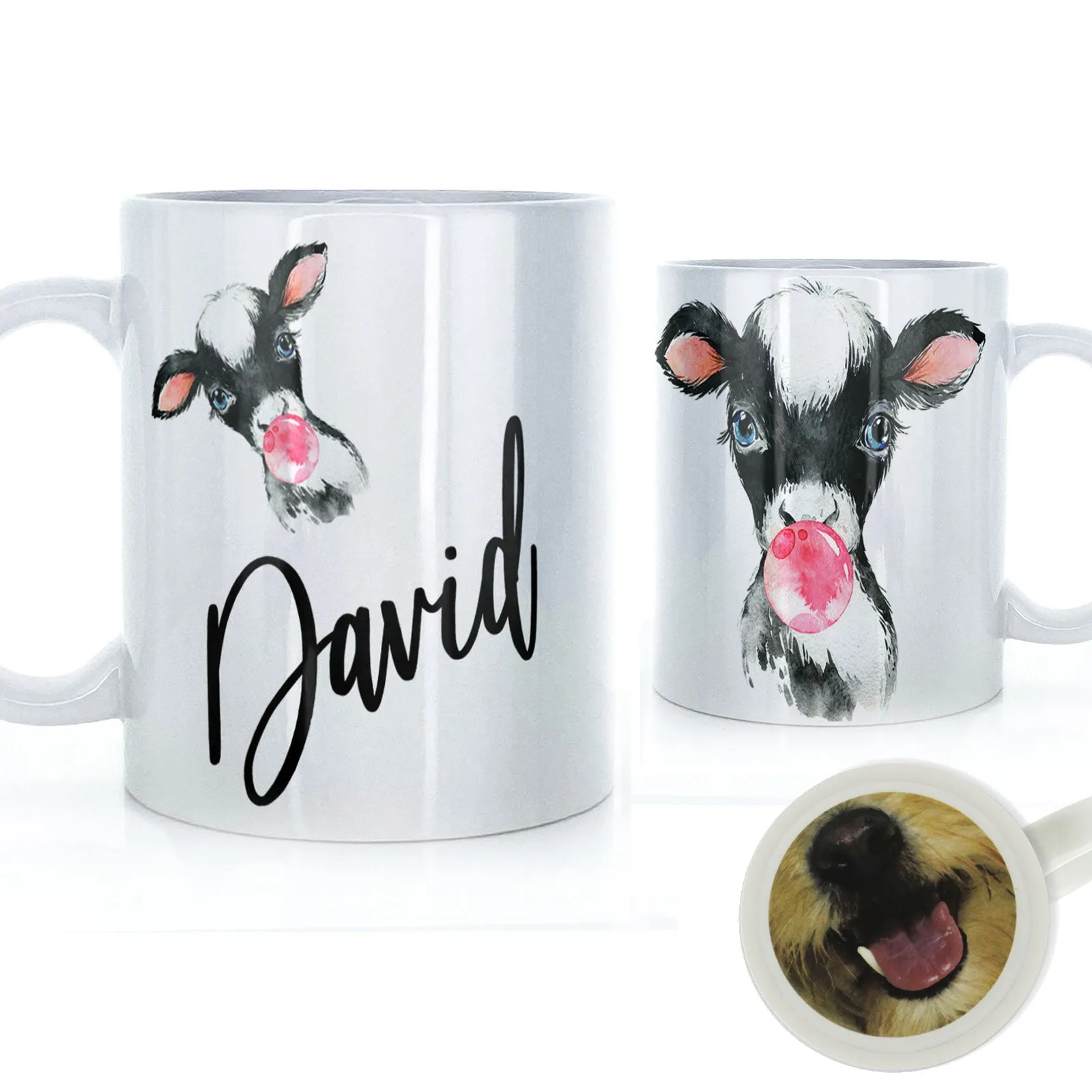 Personalised Mug with Stylish Text and Bubble Gum Cow