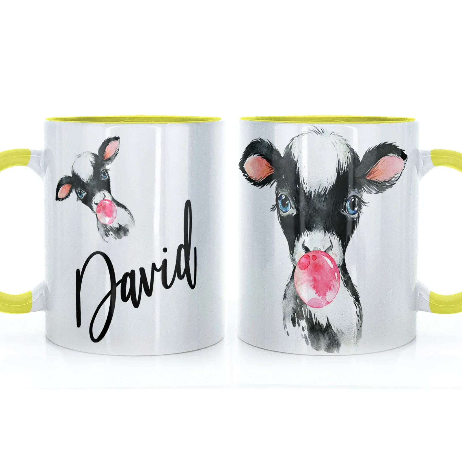 Personalised Mug with Stylish Text and Bubble Gum Cow