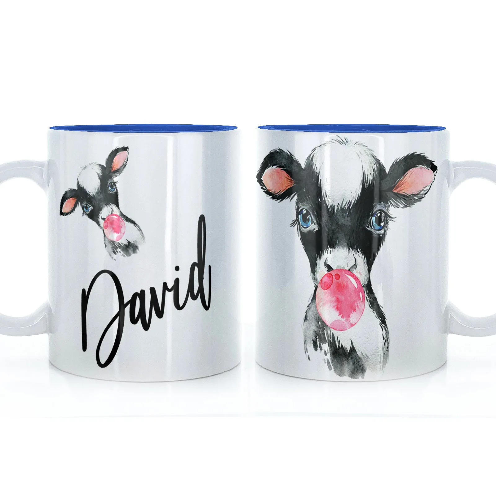 Personalised Mug with Stylish Text and Bubble Gum Cow