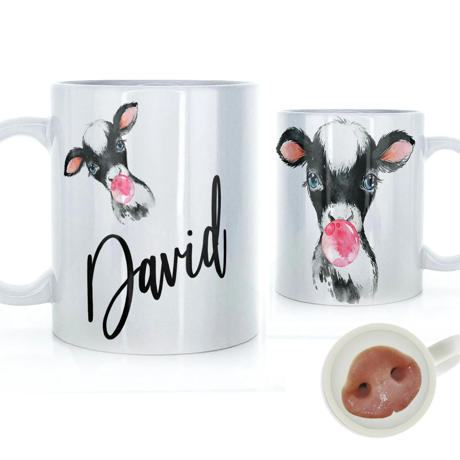 Personalised Mug with Stylish Text and Bubble Gum Cow