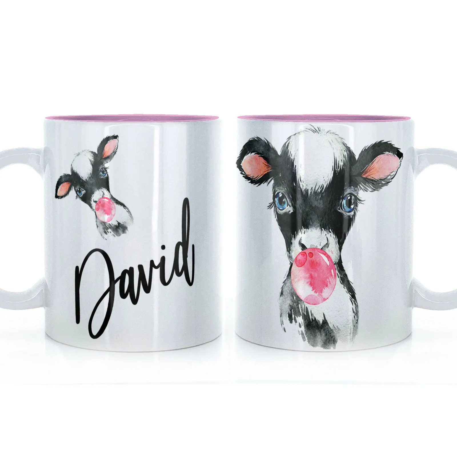 Personalised Mug with Stylish Text and Bubble Gum Cow