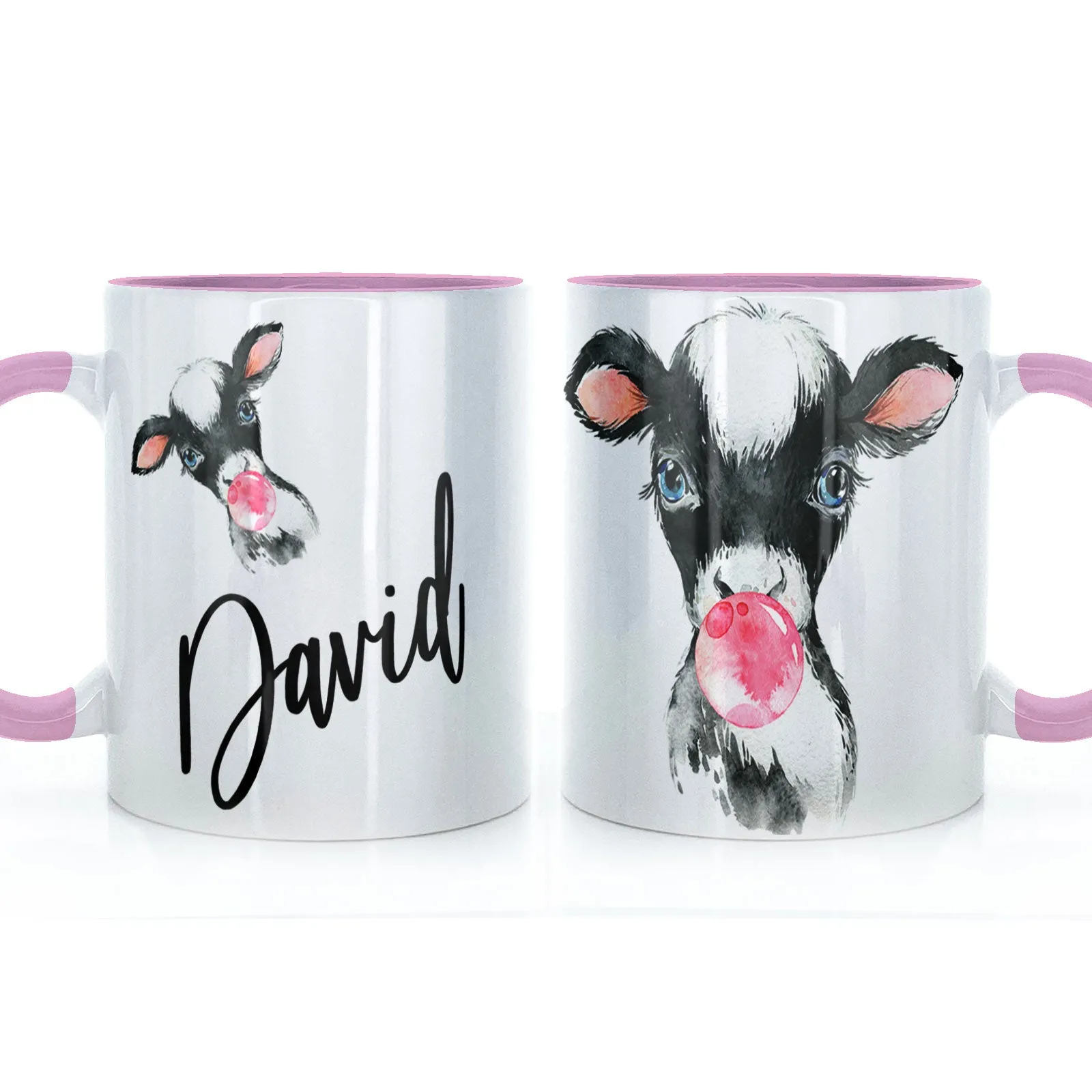 Personalised Mug with Stylish Text and Bubble Gum Cow