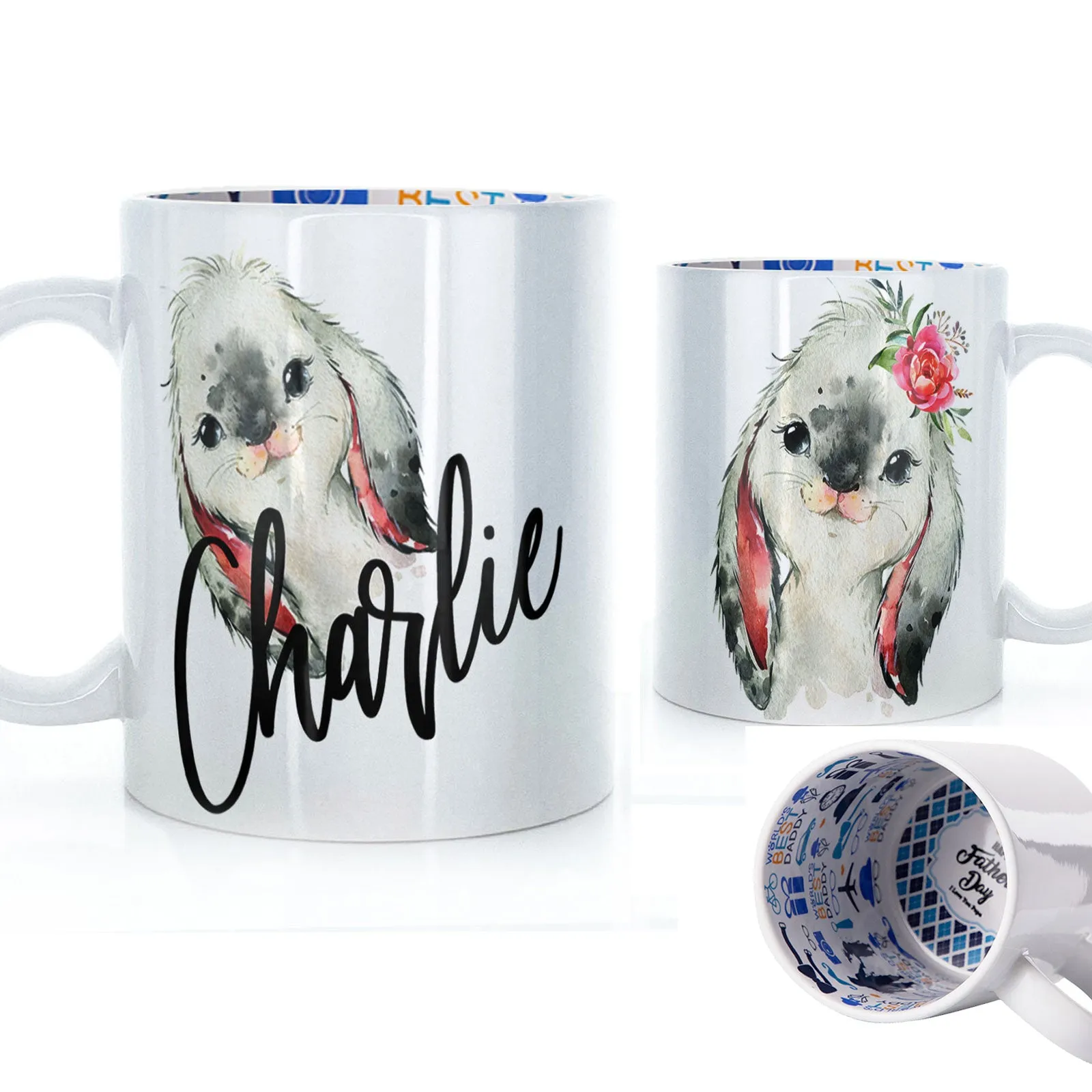 Personalised Mug with Stylish Text and Cute Bunny