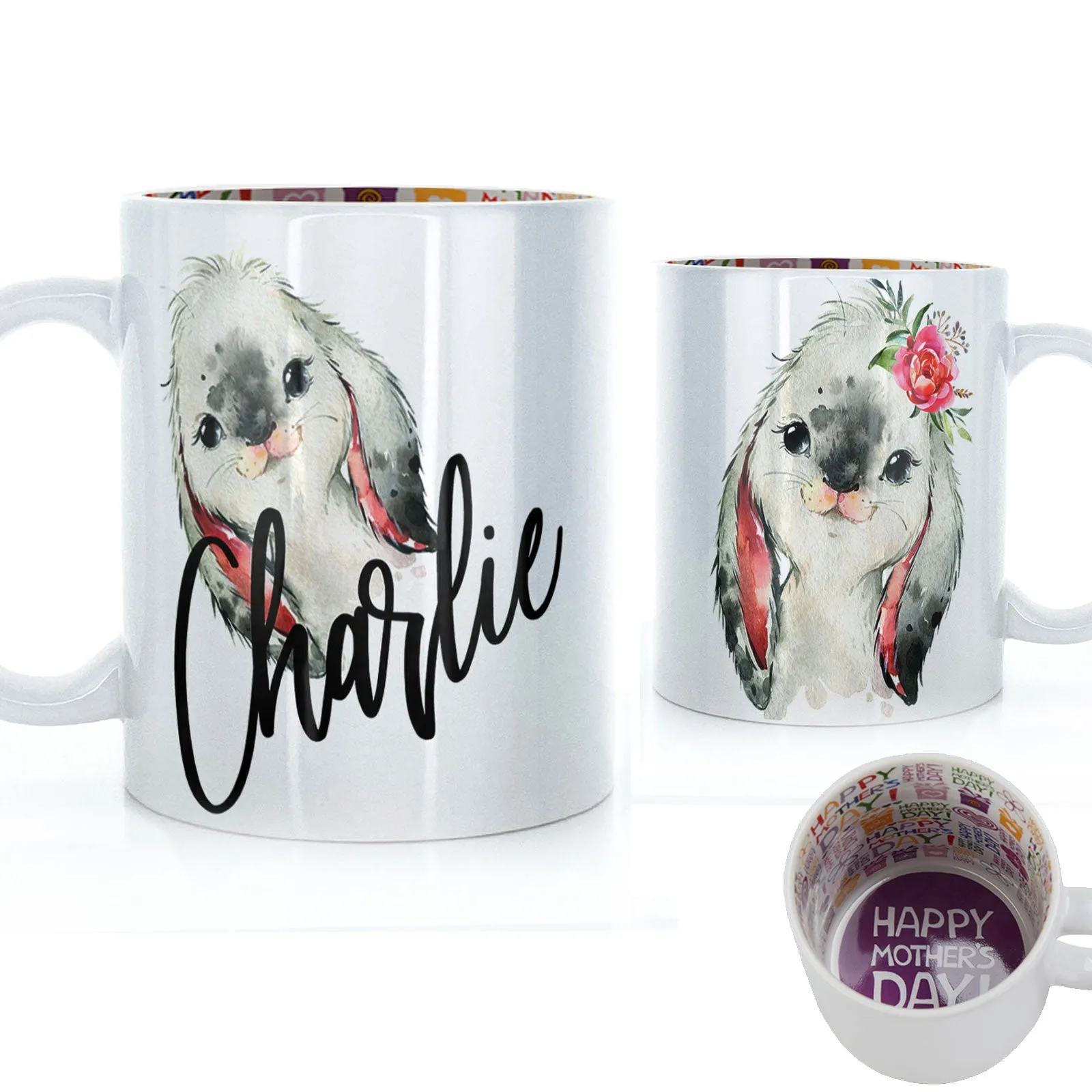 Personalised Mug with Stylish Text and Cute Bunny