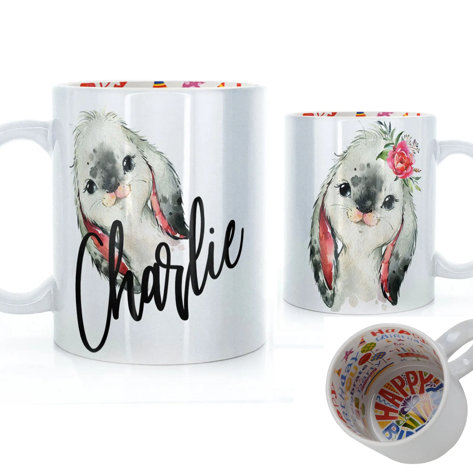 Personalised Mug with Stylish Text and Cute Bunny