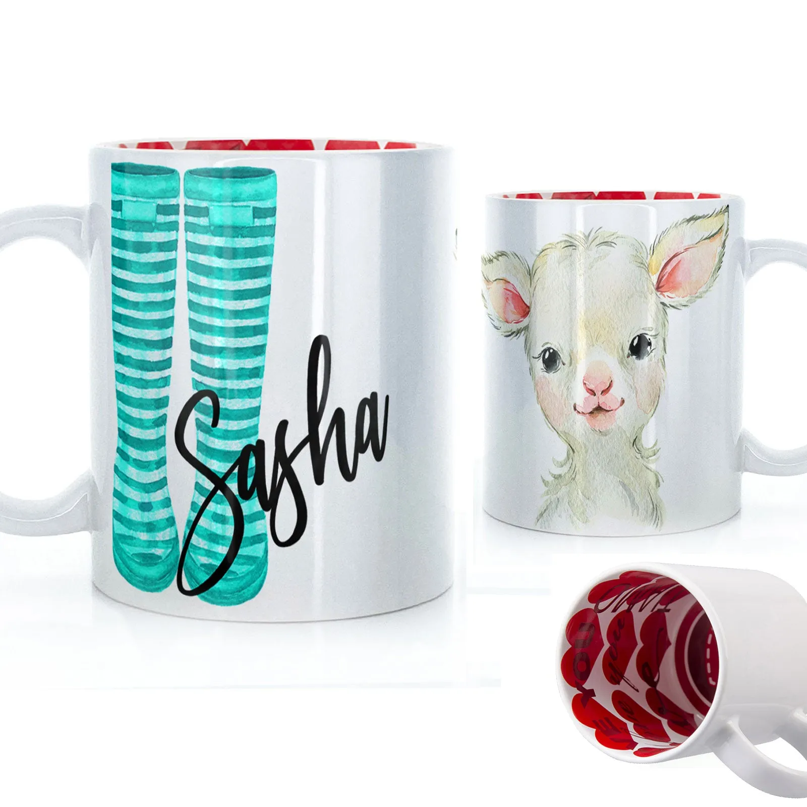 Personalised Mug with Stylish Text and Lamb & Blue Striped Wellies