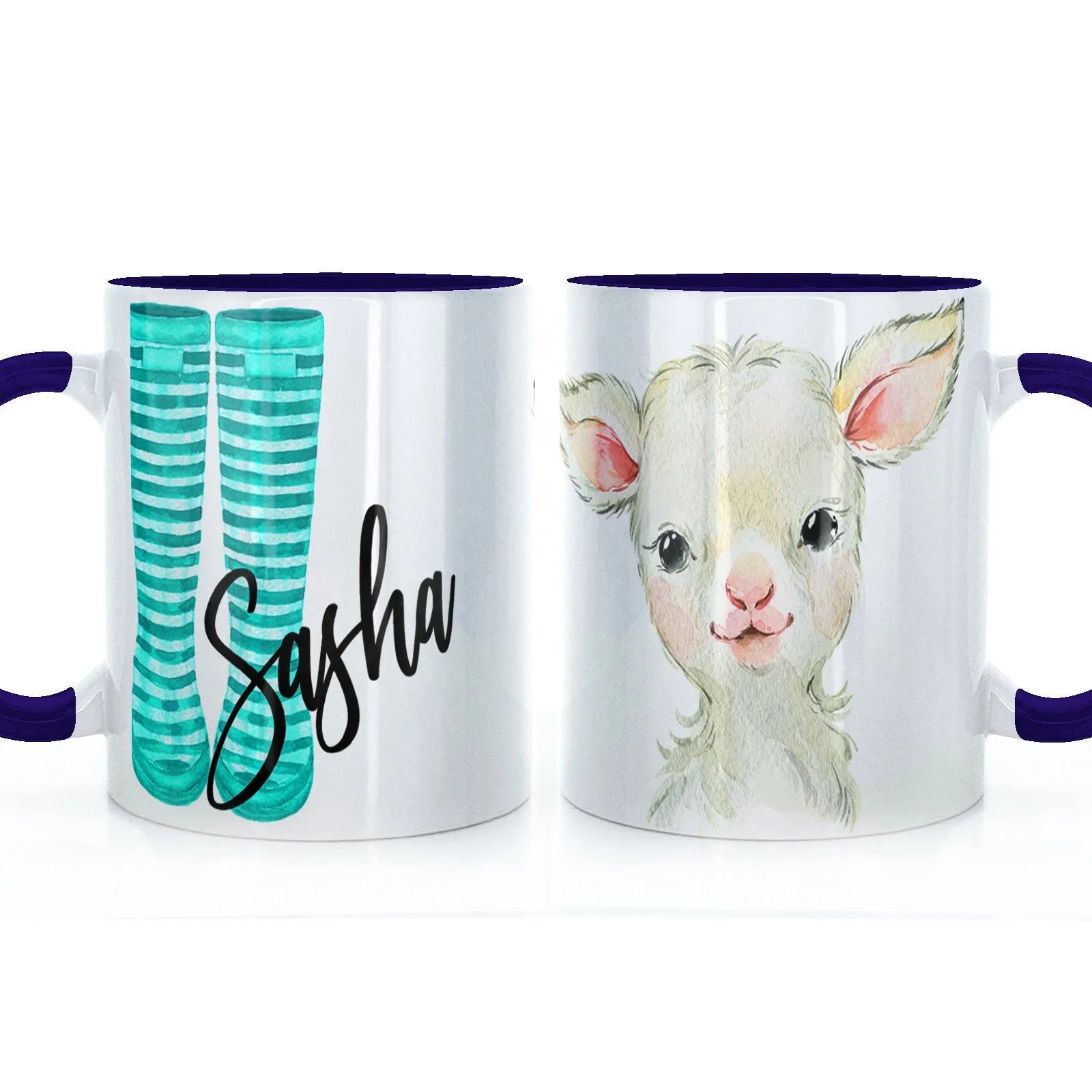 Personalised Mug with Stylish Text and Lamb & Blue Striped Wellies