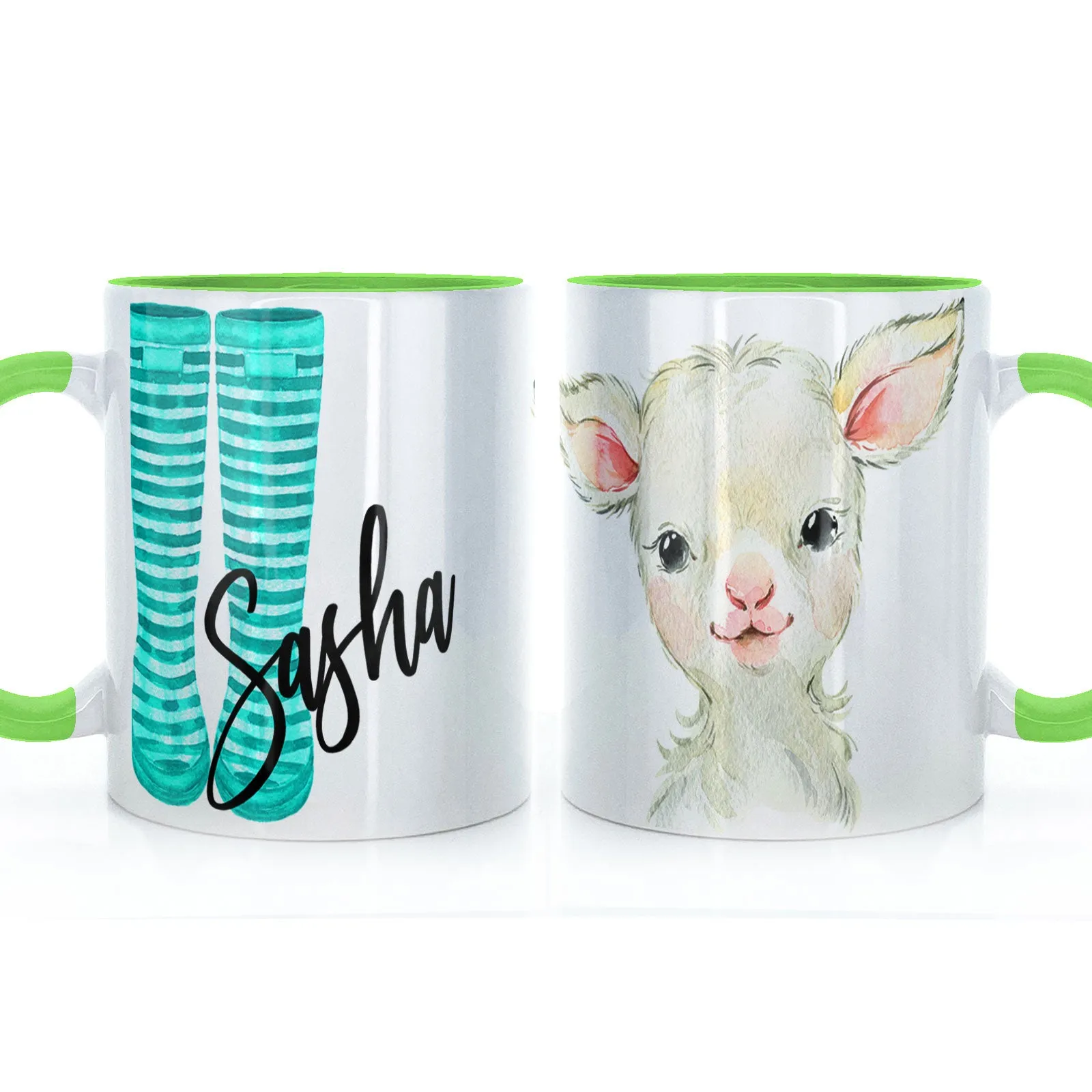 Personalised Mug with Stylish Text and Lamb & Blue Striped Wellies