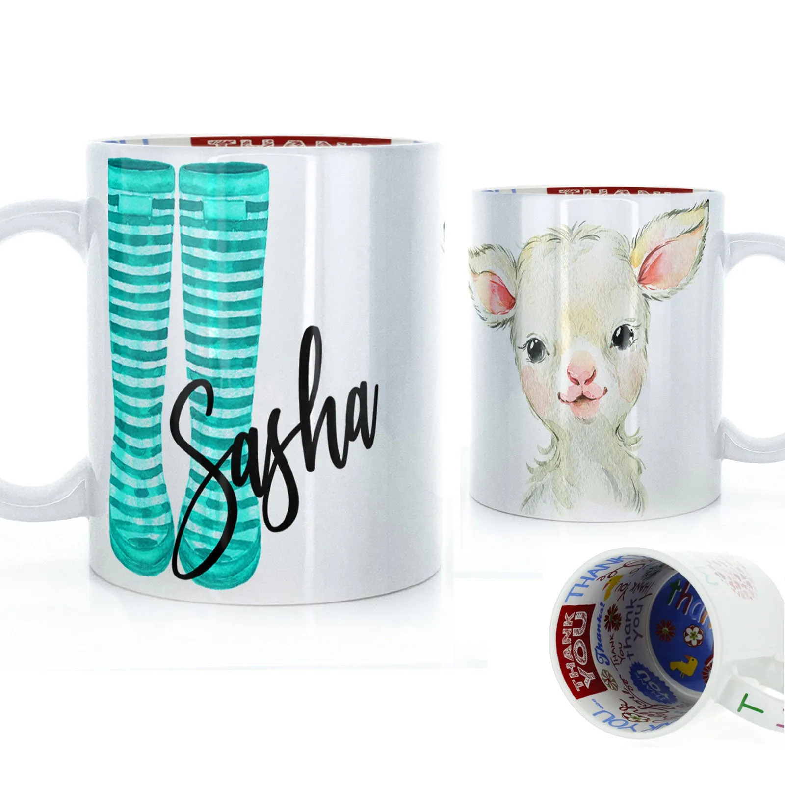 Personalised Mug with Stylish Text and Lamb & Blue Striped Wellies