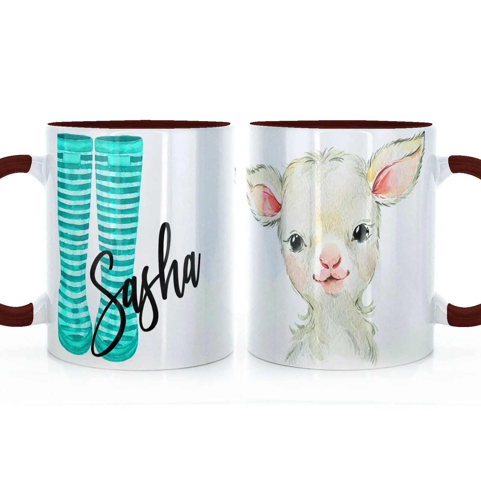 Personalised Mug with Stylish Text and Lamb & Blue Striped Wellies
