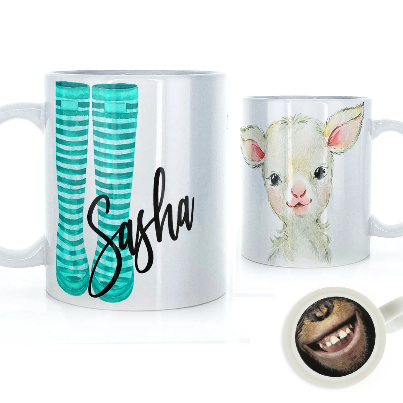 Personalised Mug with Stylish Text and Lamb & Blue Striped Wellies