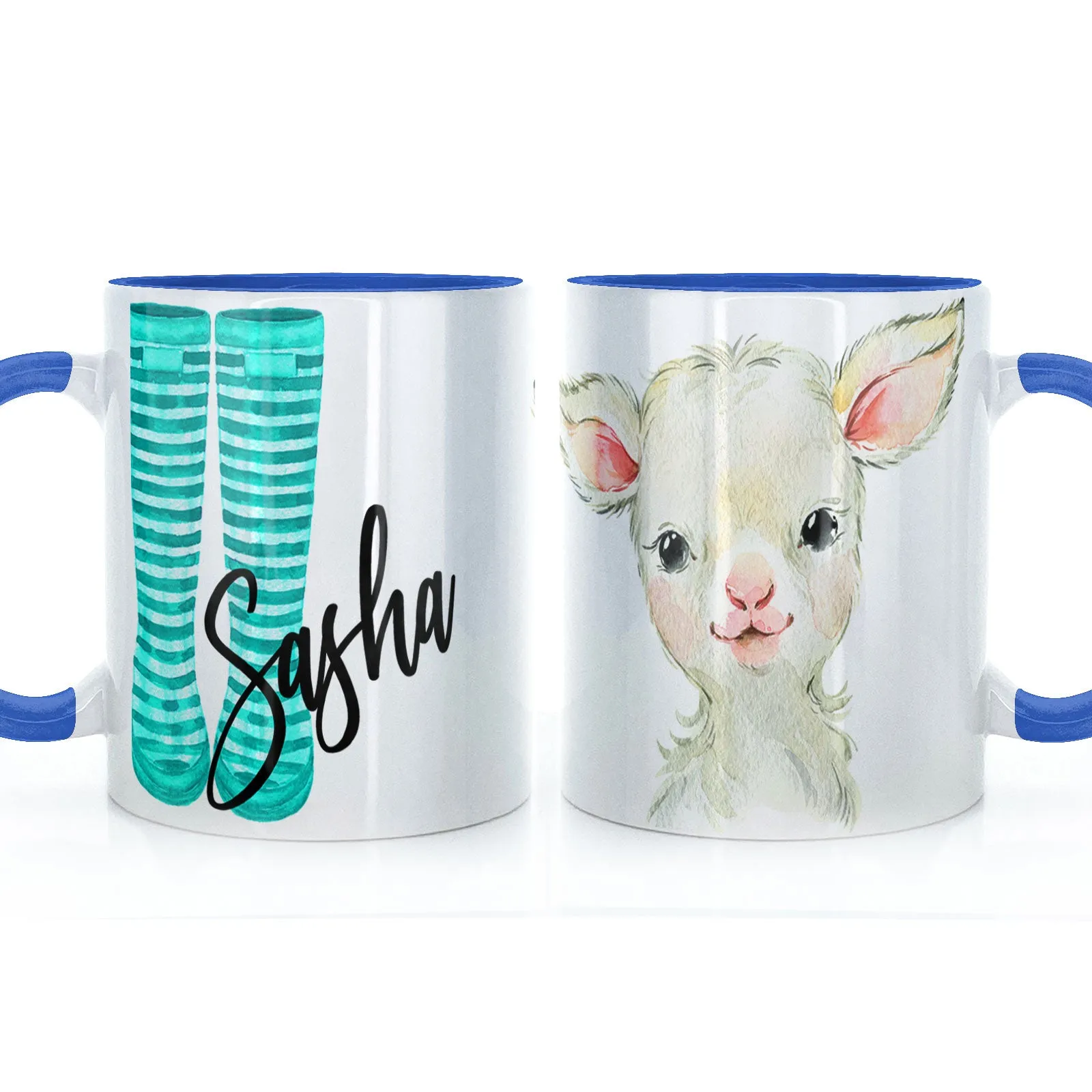 Personalised Mug with Stylish Text and Lamb & Blue Striped Wellies