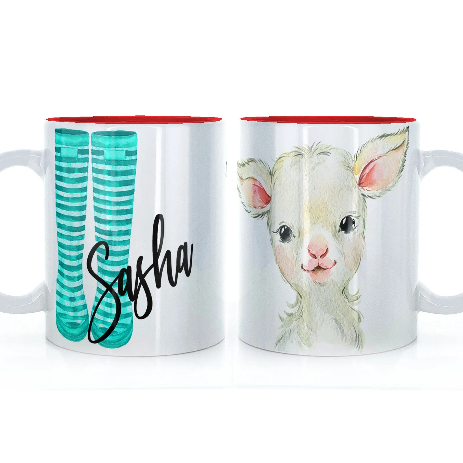 Personalised Mug with Stylish Text and Lamb & Blue Striped Wellies