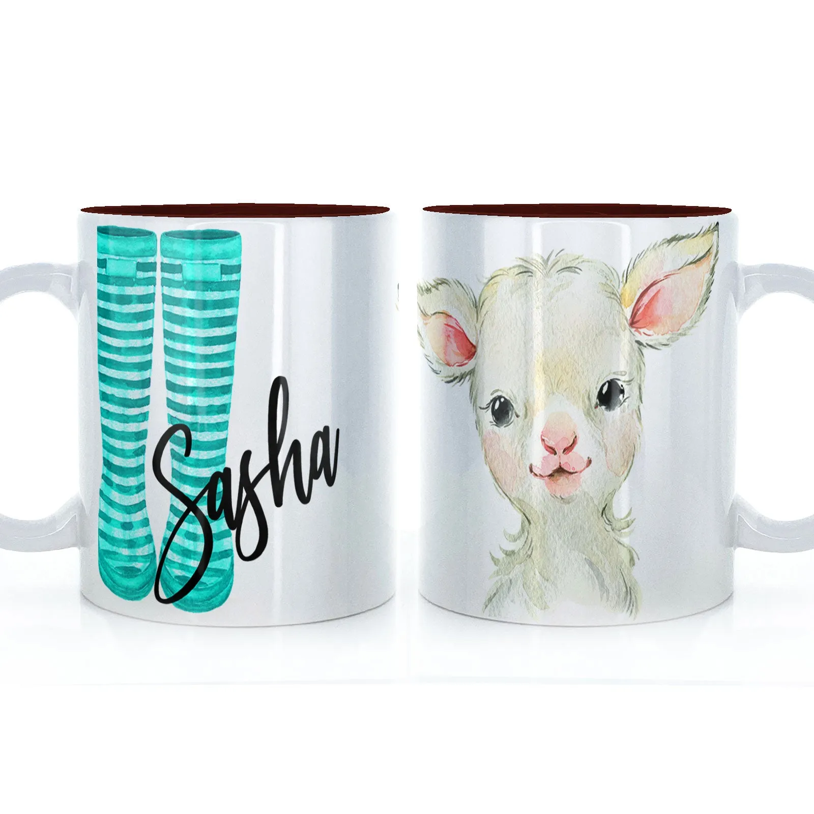 Personalised Mug with Stylish Text and Lamb & Blue Striped Wellies