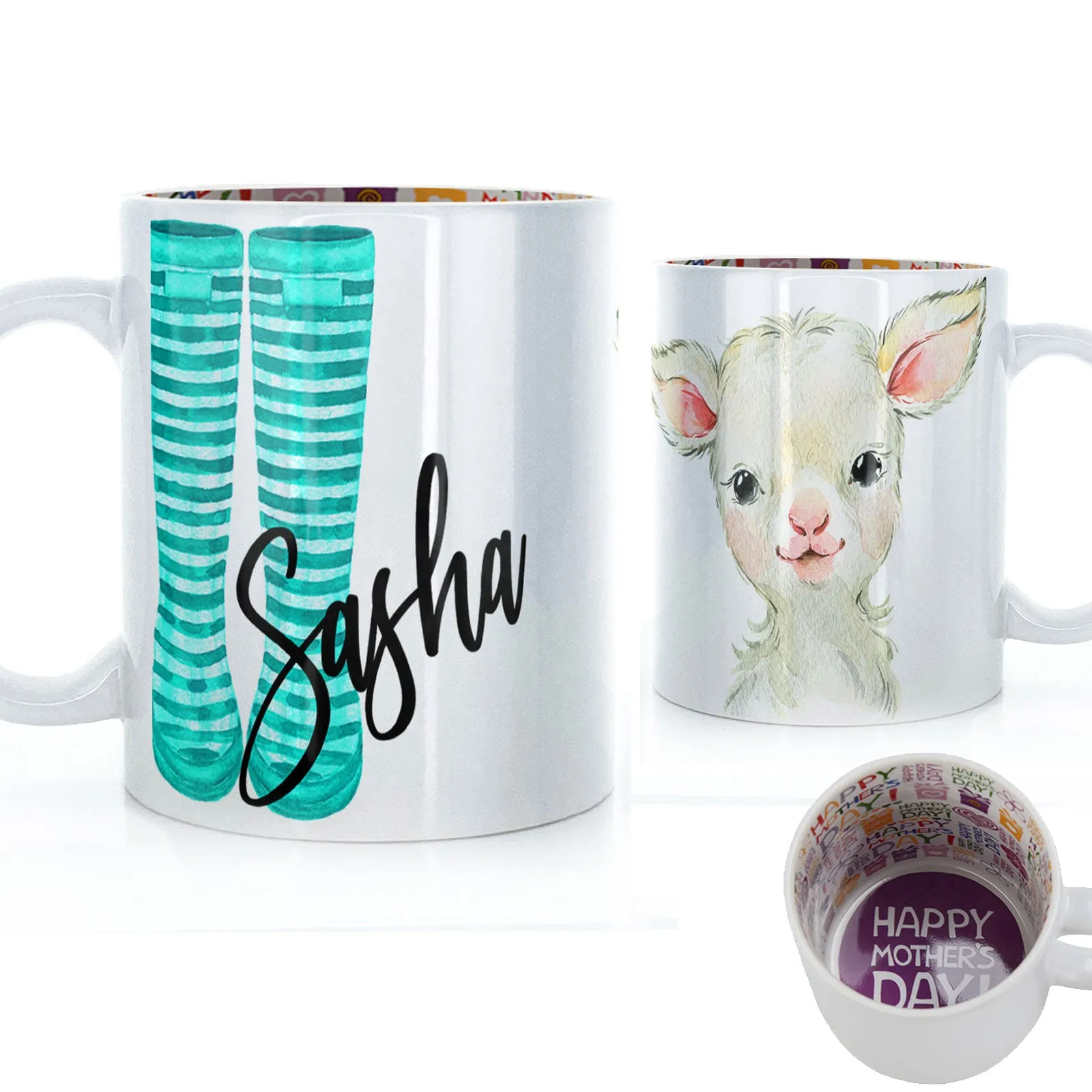Personalised Mug with Stylish Text and Lamb & Blue Striped Wellies