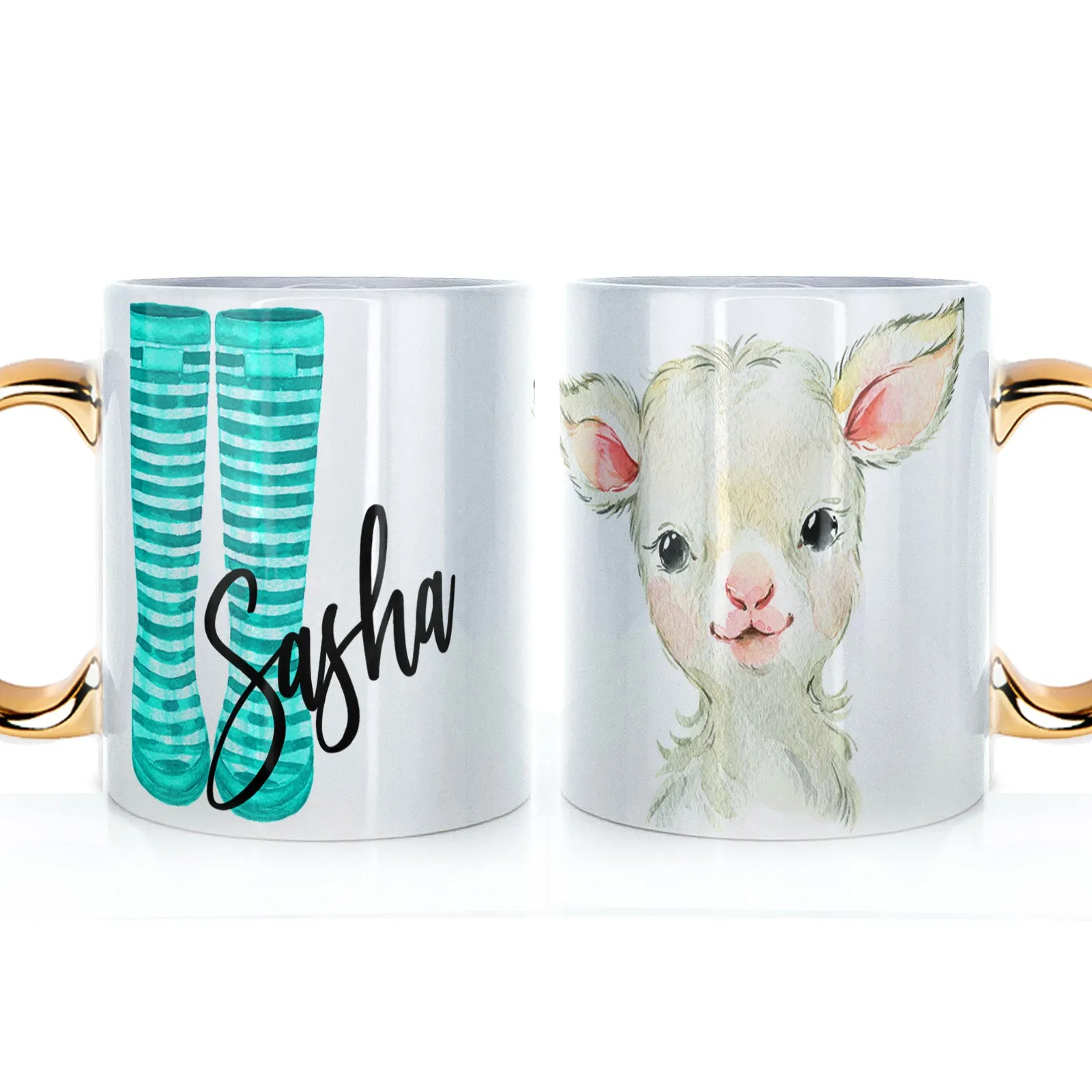 Personalised Mug with Stylish Text and Lamb & Blue Striped Wellies