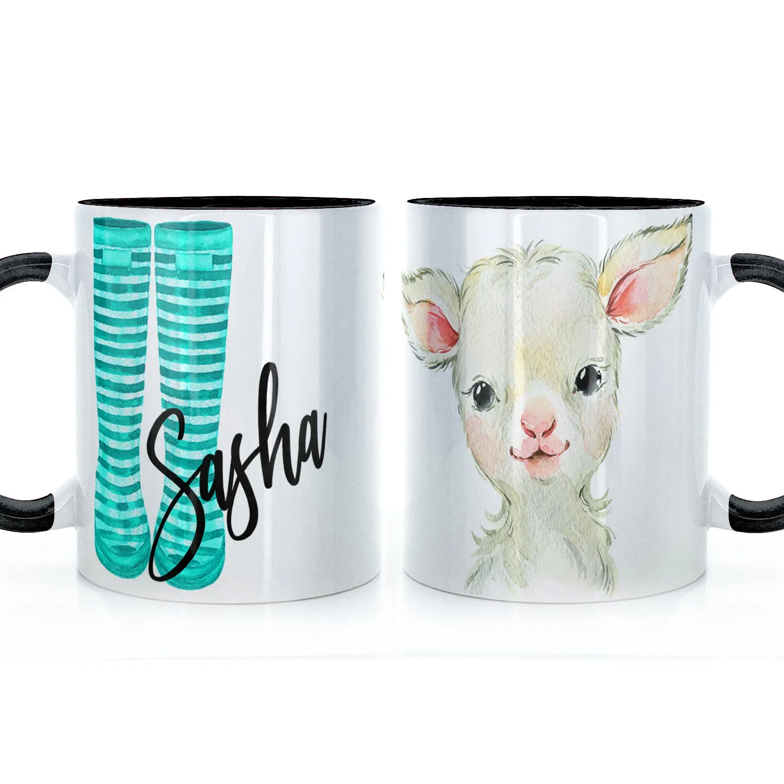 Personalised Mug with Stylish Text and Lamb & Blue Striped Wellies