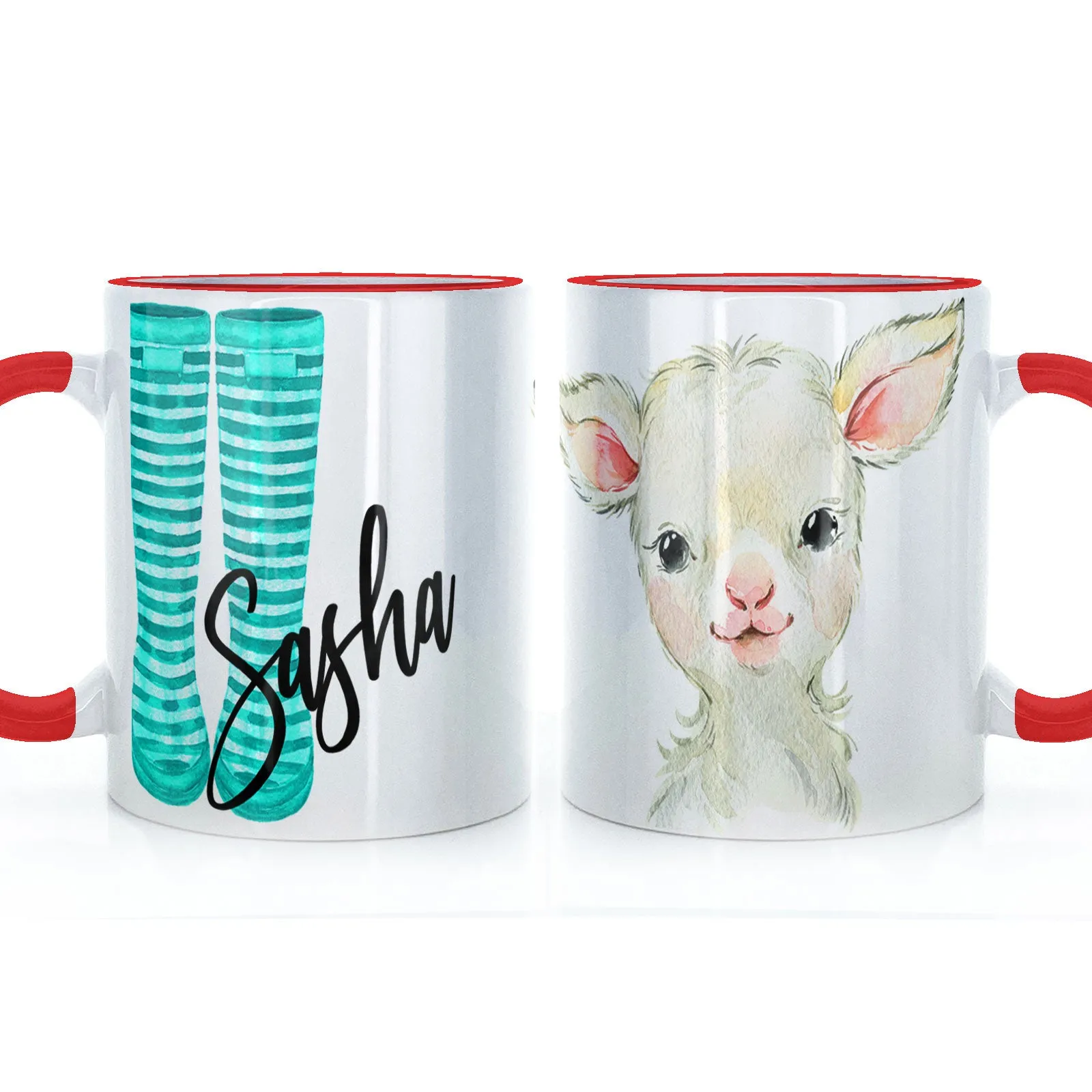 Personalised Mug with Stylish Text and Lamb & Blue Striped Wellies
