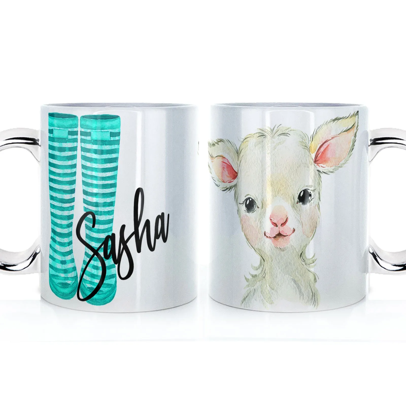Personalised Mug with Stylish Text and Lamb & Blue Striped Wellies