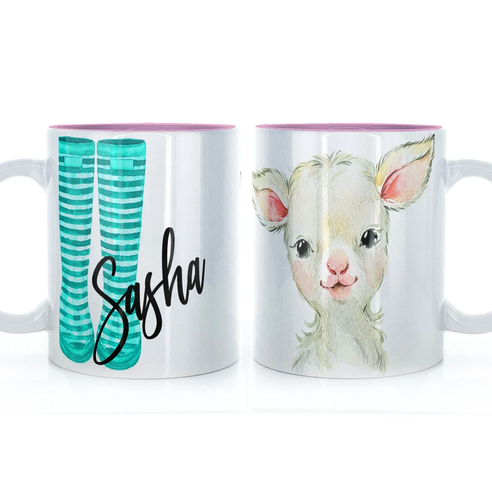 Personalised Mug with Stylish Text and Lamb & Blue Striped Wellies