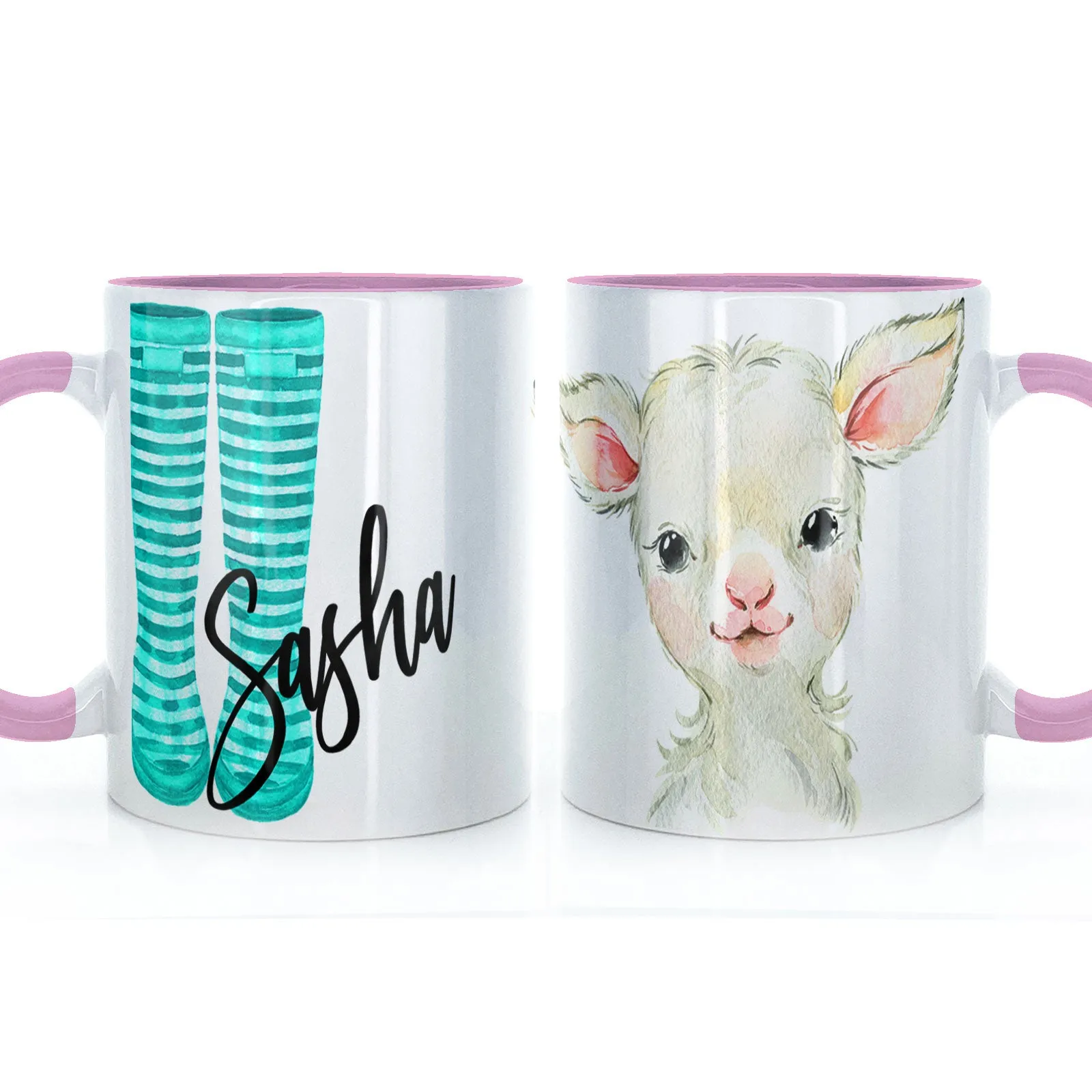 Personalised Mug with Stylish Text and Lamb & Blue Striped Wellies