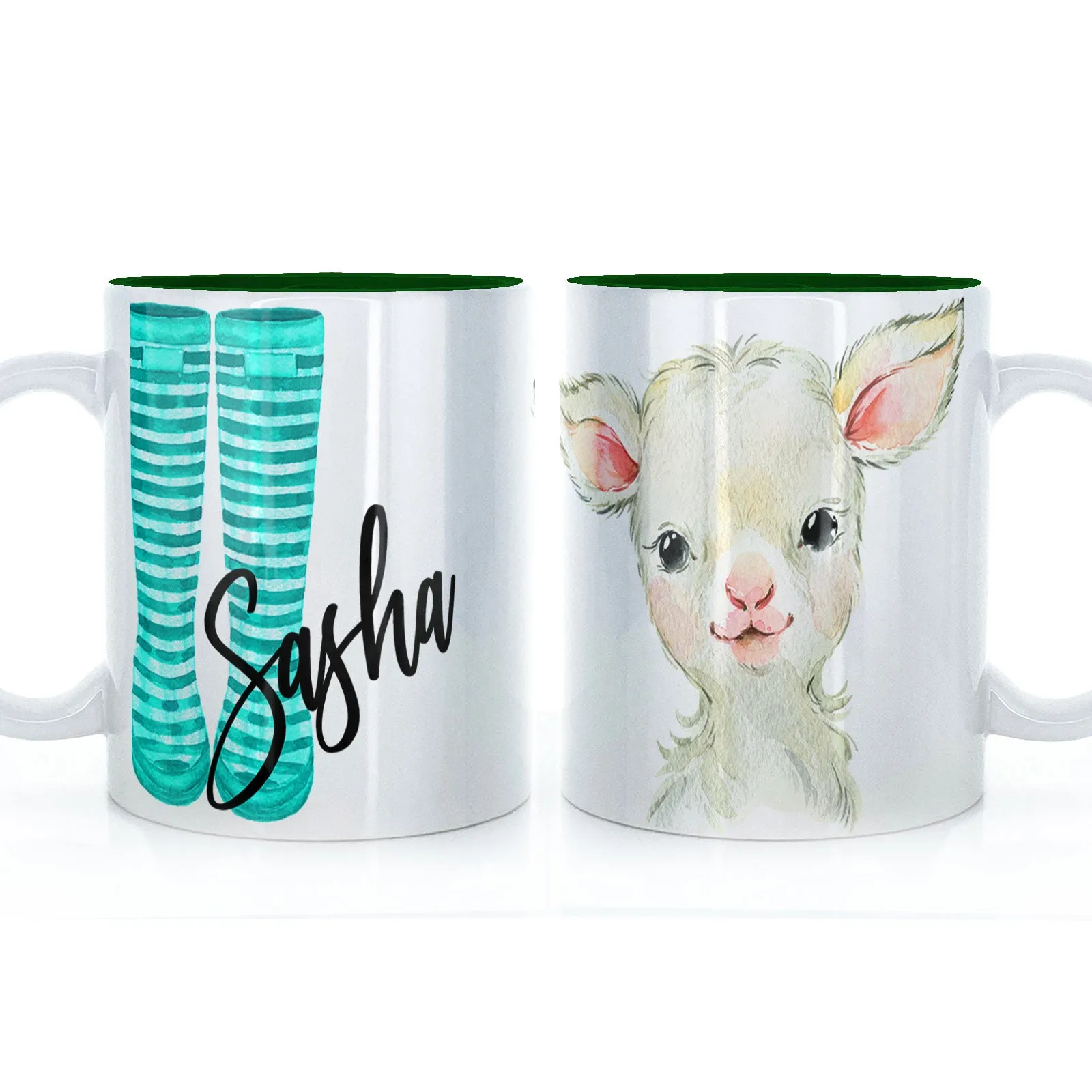 Personalised Mug with Stylish Text and Lamb & Blue Striped Wellies