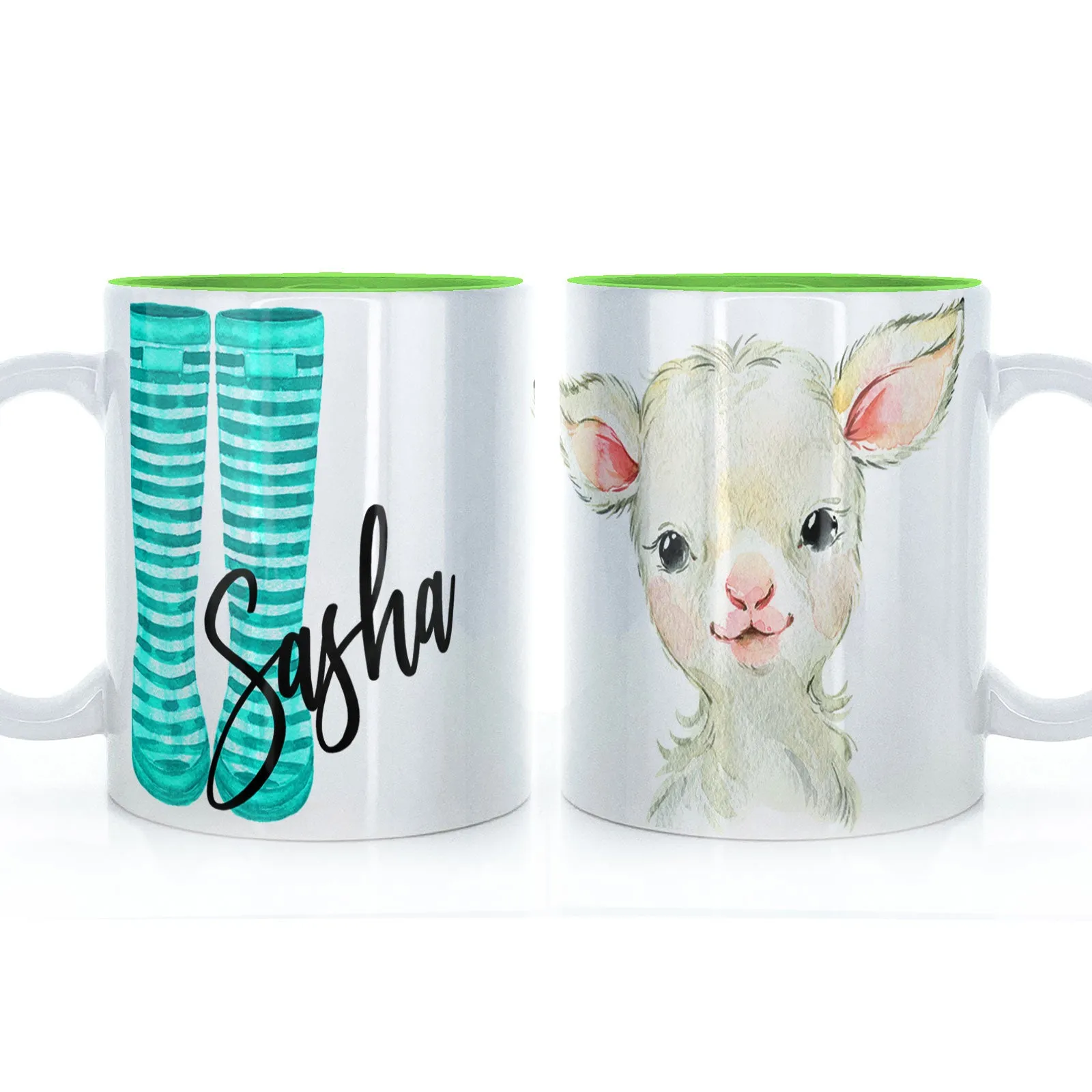 Personalised Mug with Stylish Text and Lamb & Blue Striped Wellies