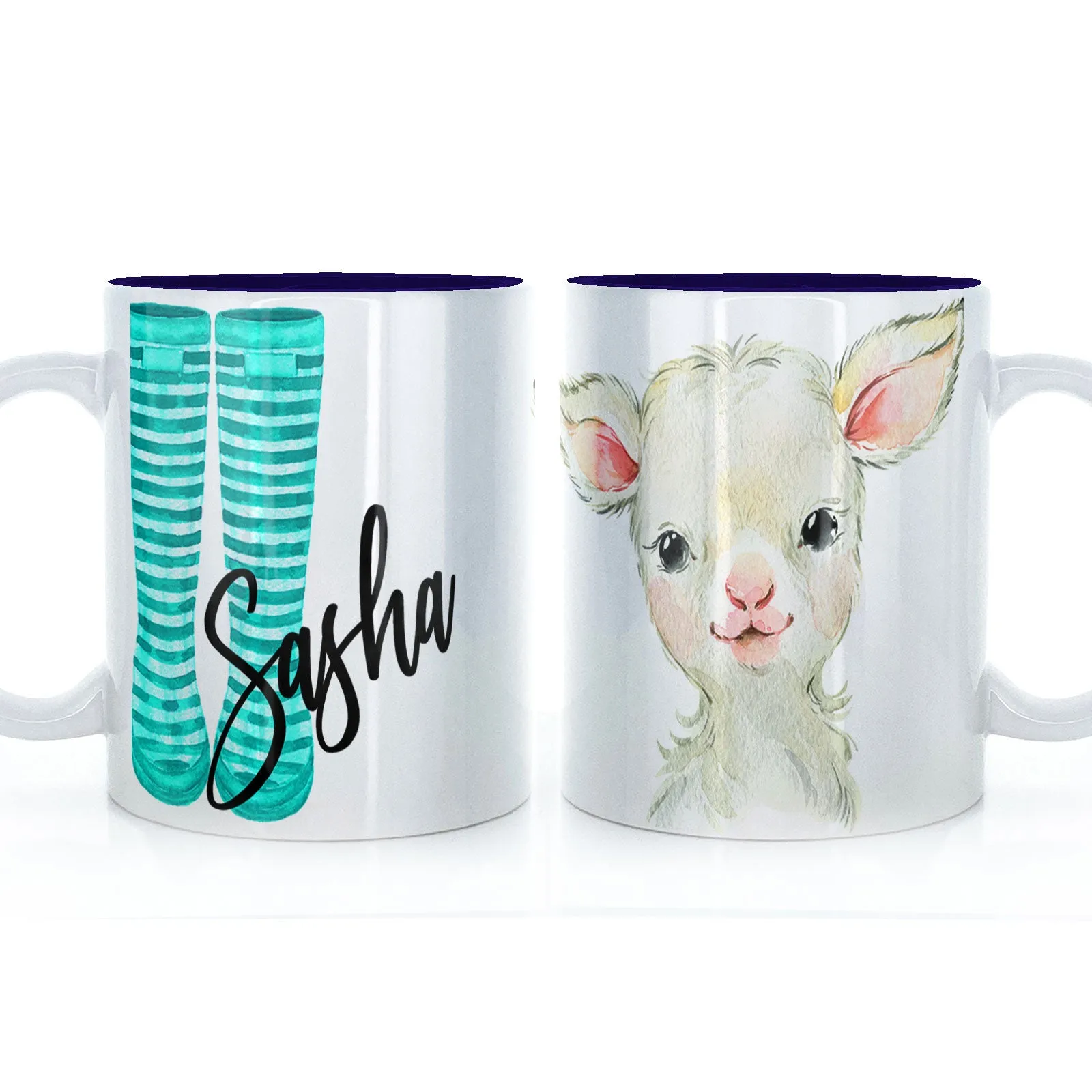 Personalised Mug with Stylish Text and Lamb & Blue Striped Wellies