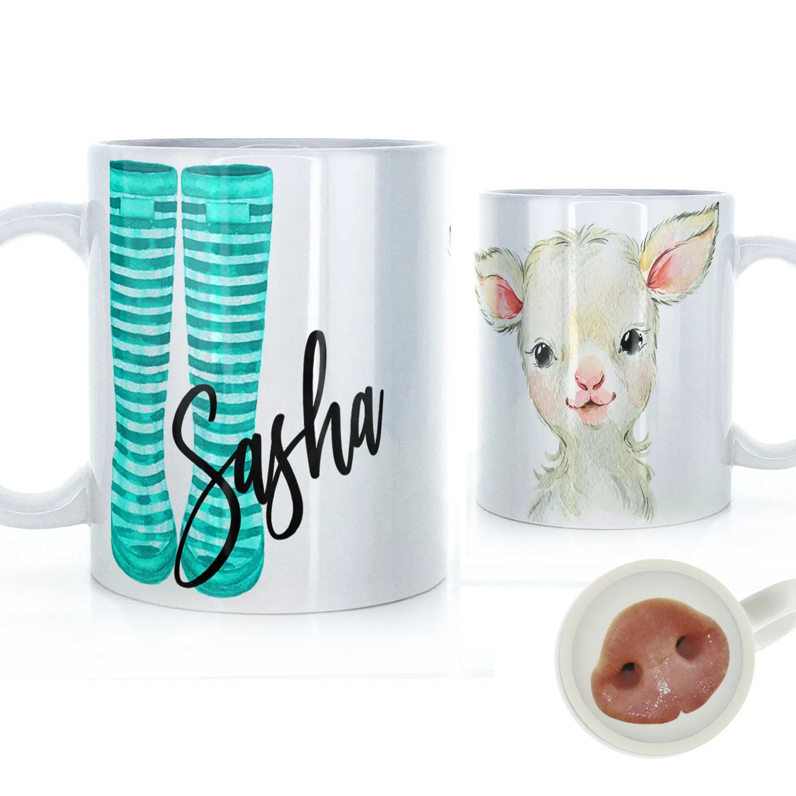 Personalised Mug with Stylish Text and Lamb & Blue Striped Wellies