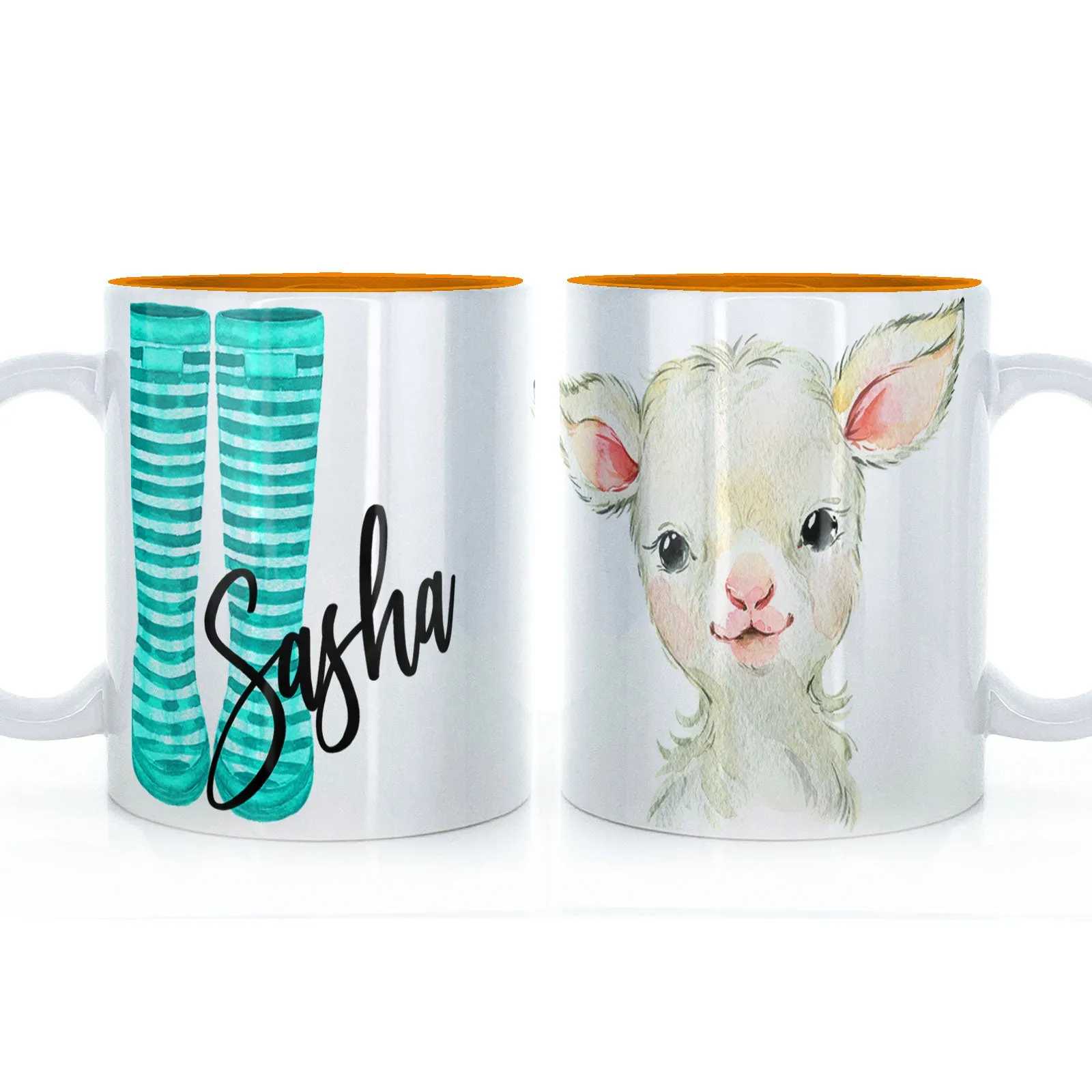 Personalised Mug with Stylish Text and Lamb & Blue Striped Wellies