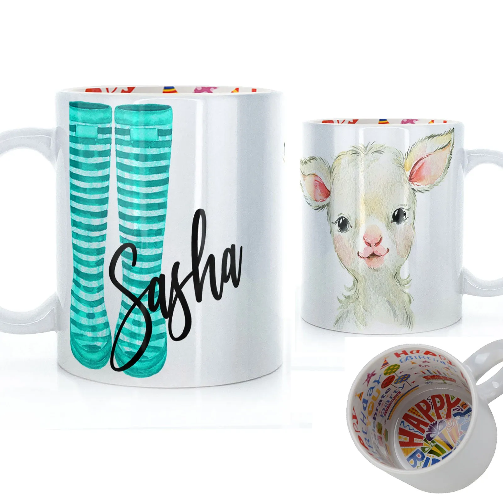 Personalised Mug with Stylish Text and Lamb & Blue Striped Wellies