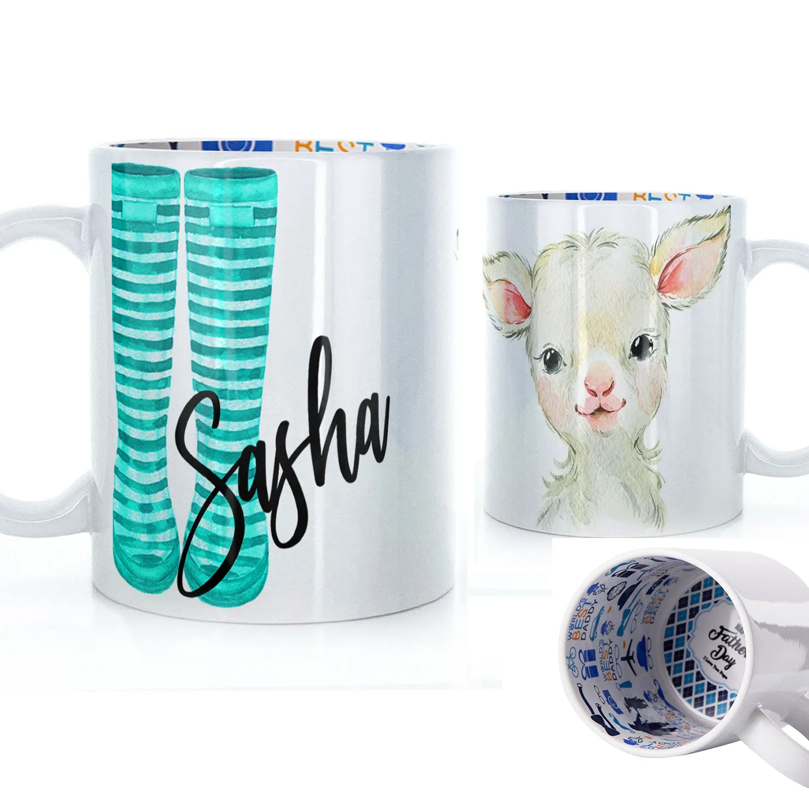 Personalised Mug with Stylish Text and Lamb & Blue Striped Wellies