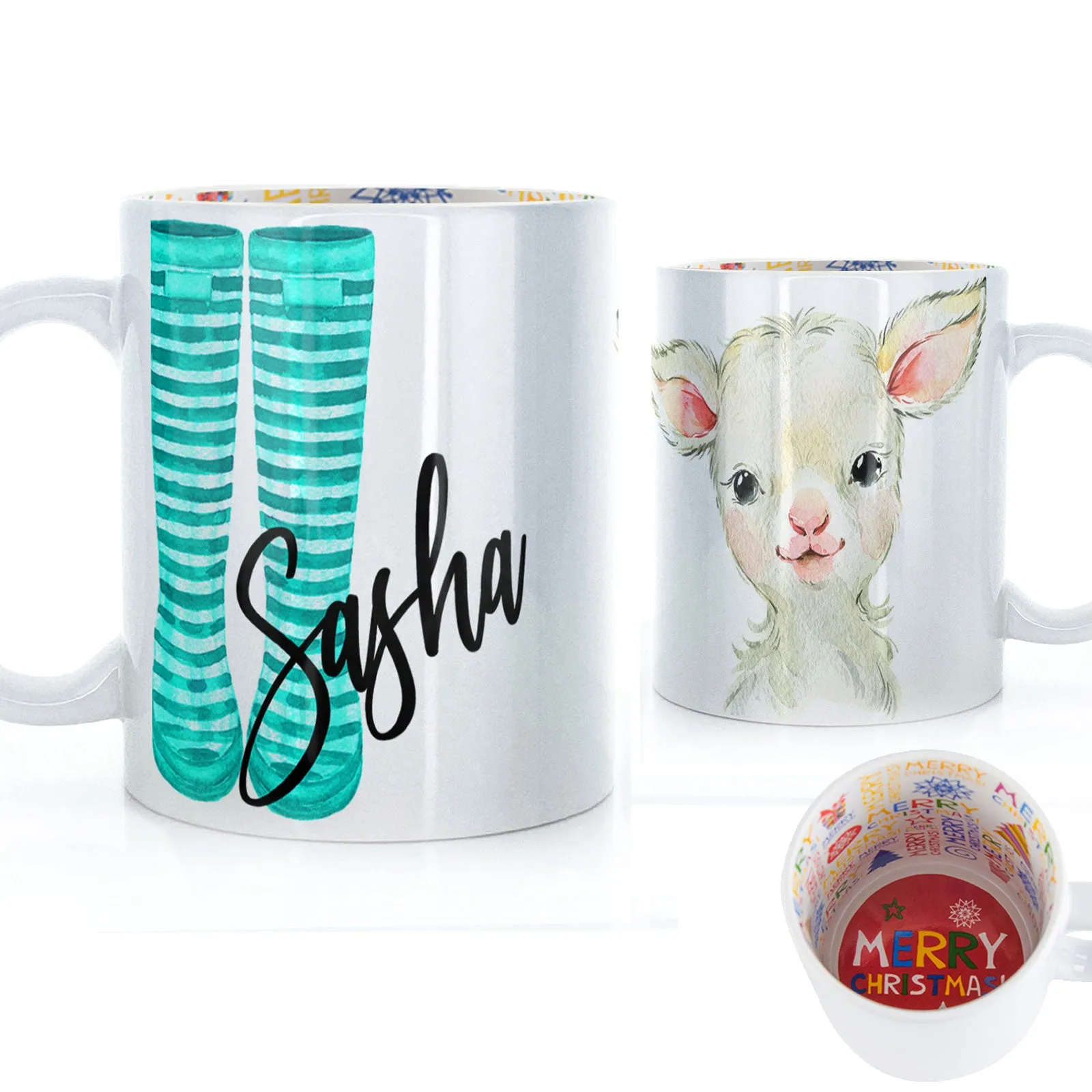Personalised Mug with Stylish Text and Lamb & Blue Striped Wellies