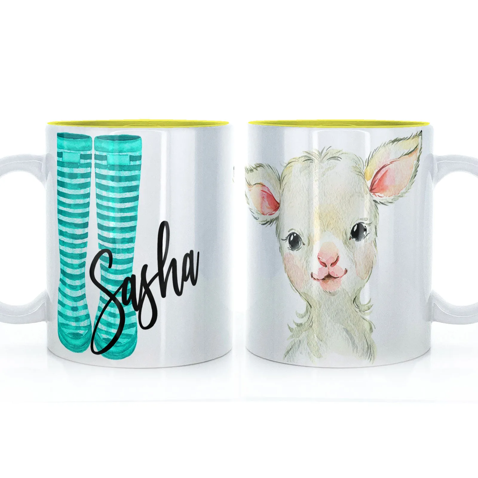 Personalised Mug with Stylish Text and Lamb & Blue Striped Wellies