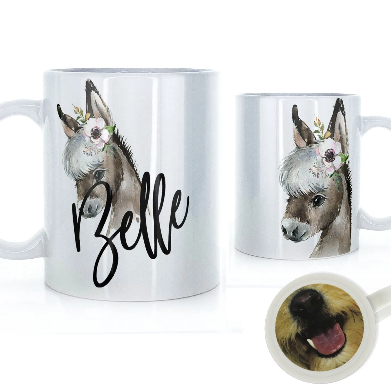 Personalised Mug with Stylish Text and White Flower Donkey