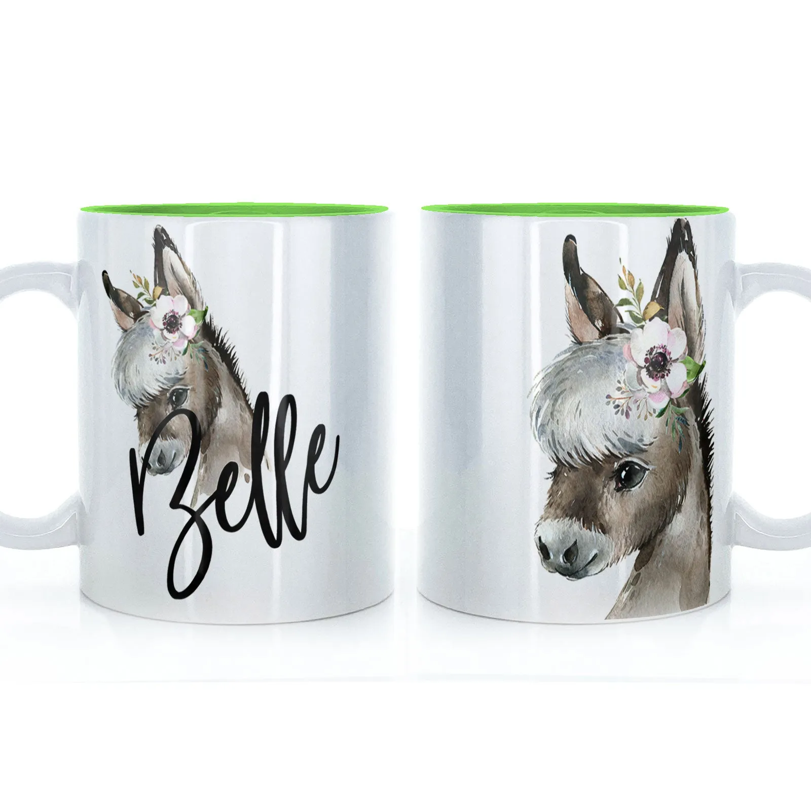 Personalised Mug with Stylish Text and White Flower Donkey