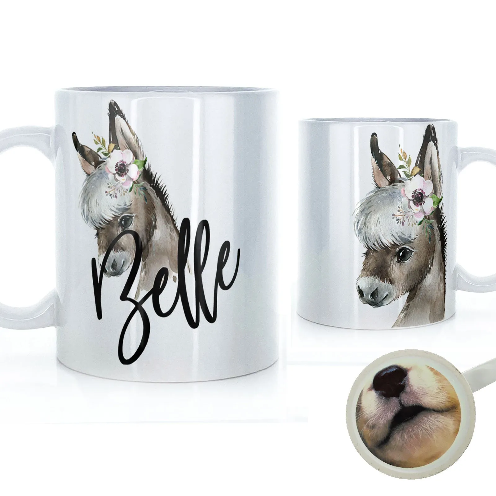 Personalised Mug with Stylish Text and White Flower Donkey