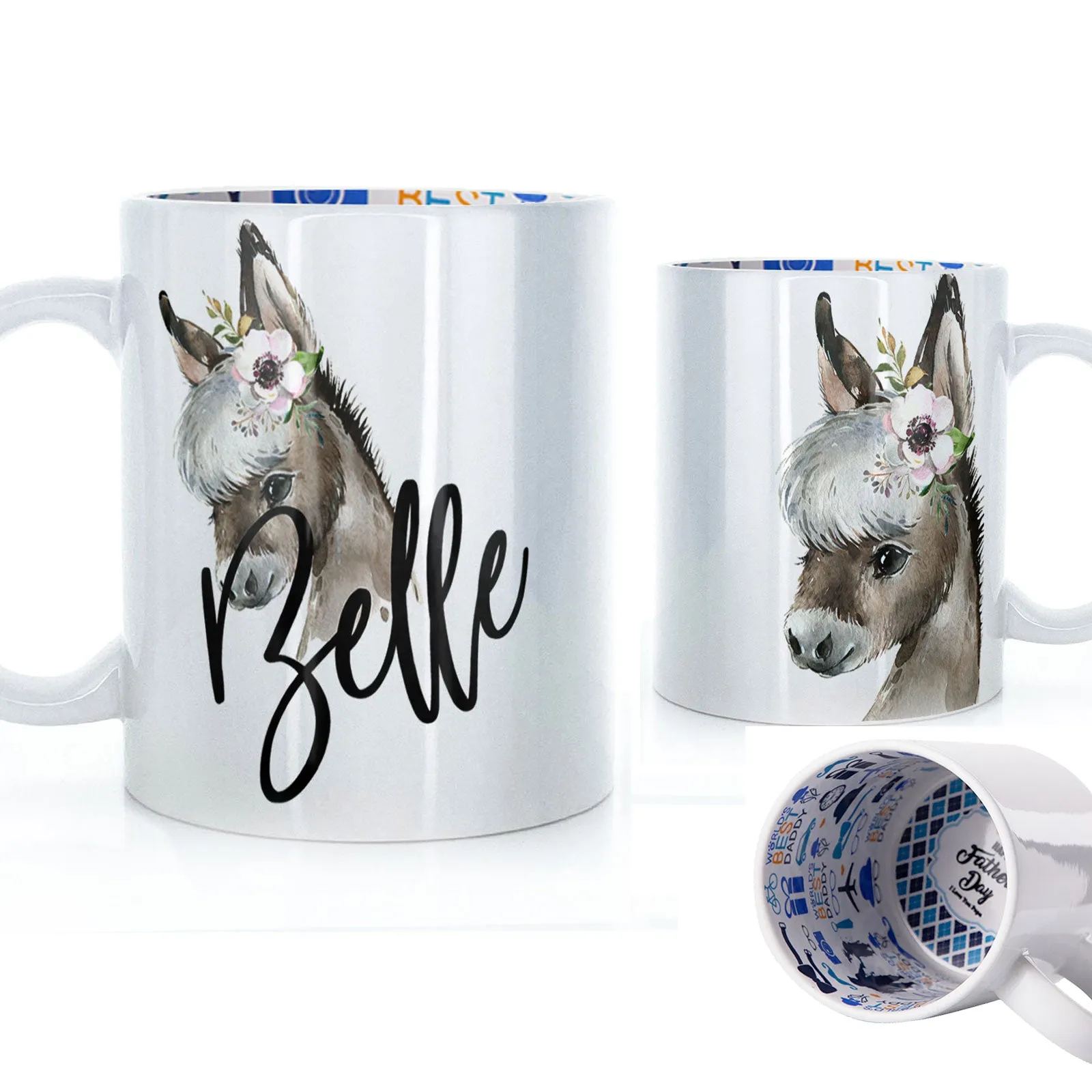 Personalised Mug with Stylish Text and White Flower Donkey