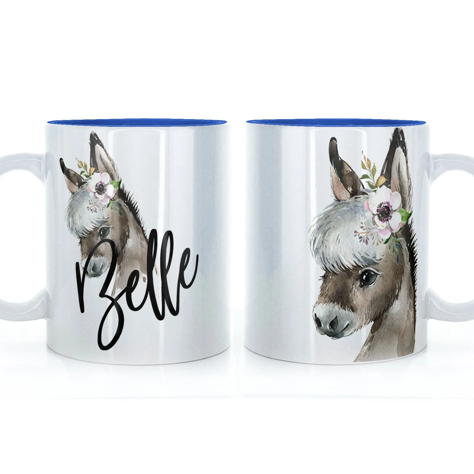 Personalised Mug with Stylish Text and White Flower Donkey
