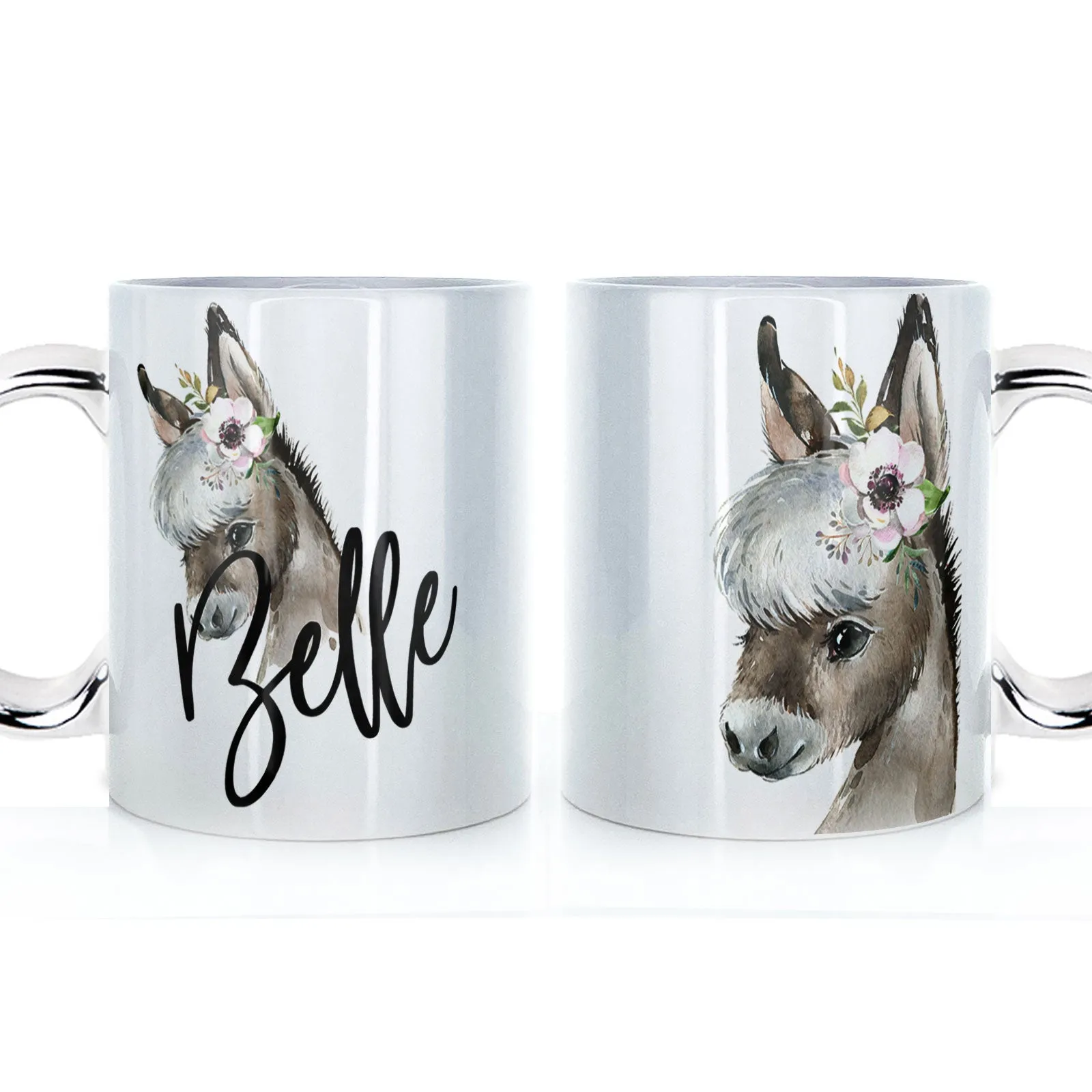 Personalised Mug with Stylish Text and White Flower Donkey