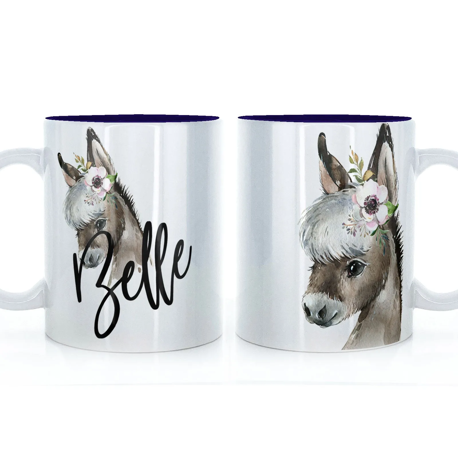 Personalised Mug with Stylish Text and White Flower Donkey