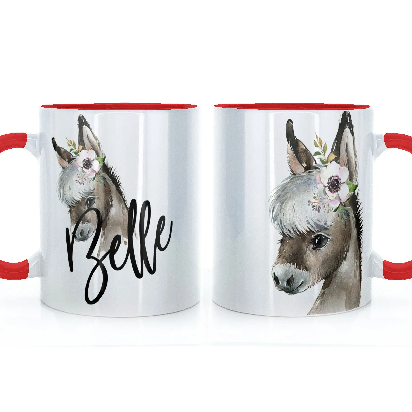 Personalised Mug with Stylish Text and White Flower Donkey