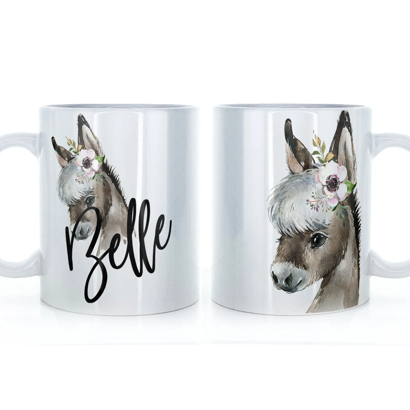 Personalised Mug with Stylish Text and White Flower Donkey