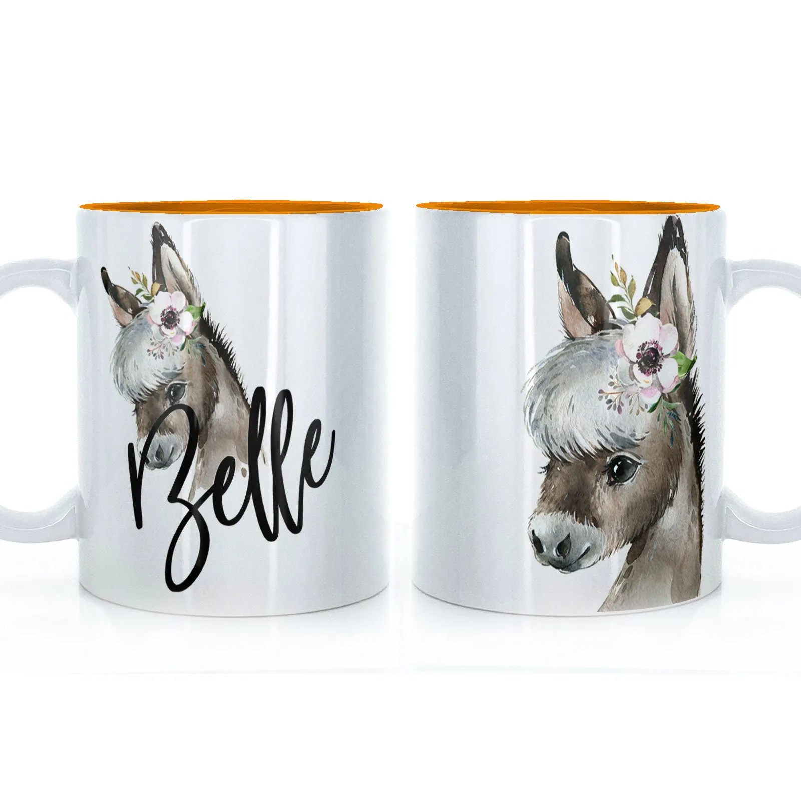 Personalised Mug with Stylish Text and White Flower Donkey