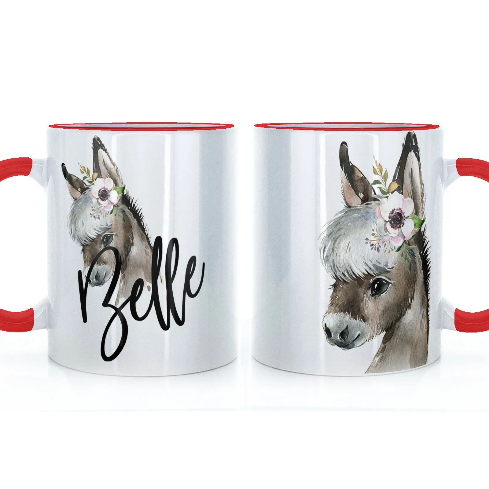 Personalised Mug with Stylish Text and White Flower Donkey