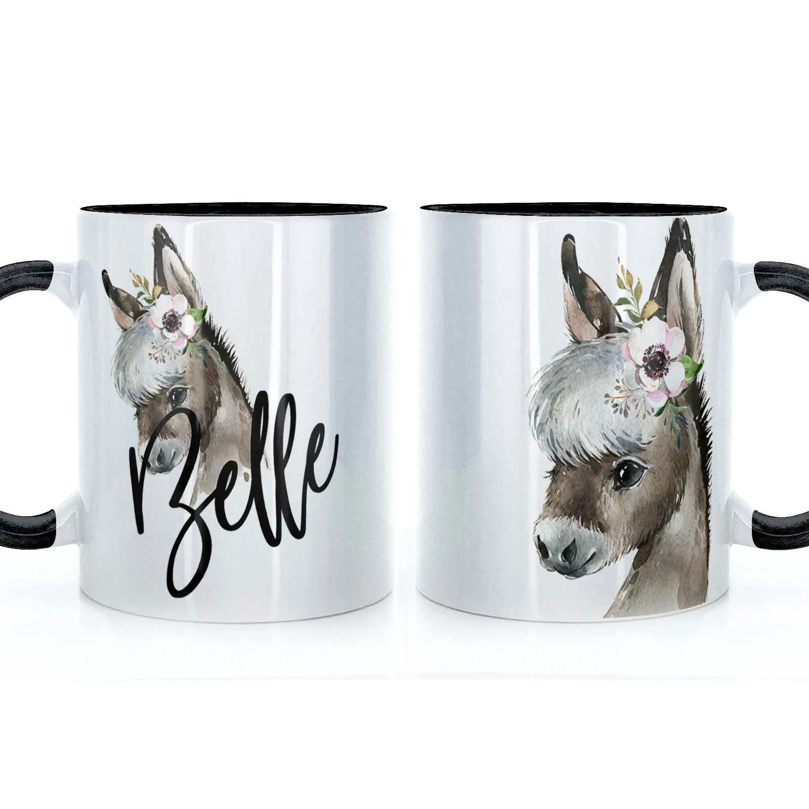 Personalised Mug with Stylish Text and White Flower Donkey