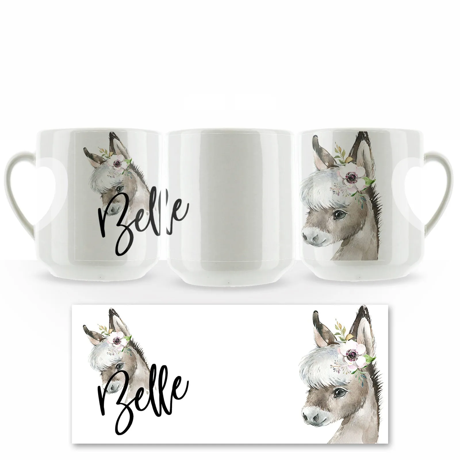 Personalised Mug with Stylish Text and White Flower Donkey