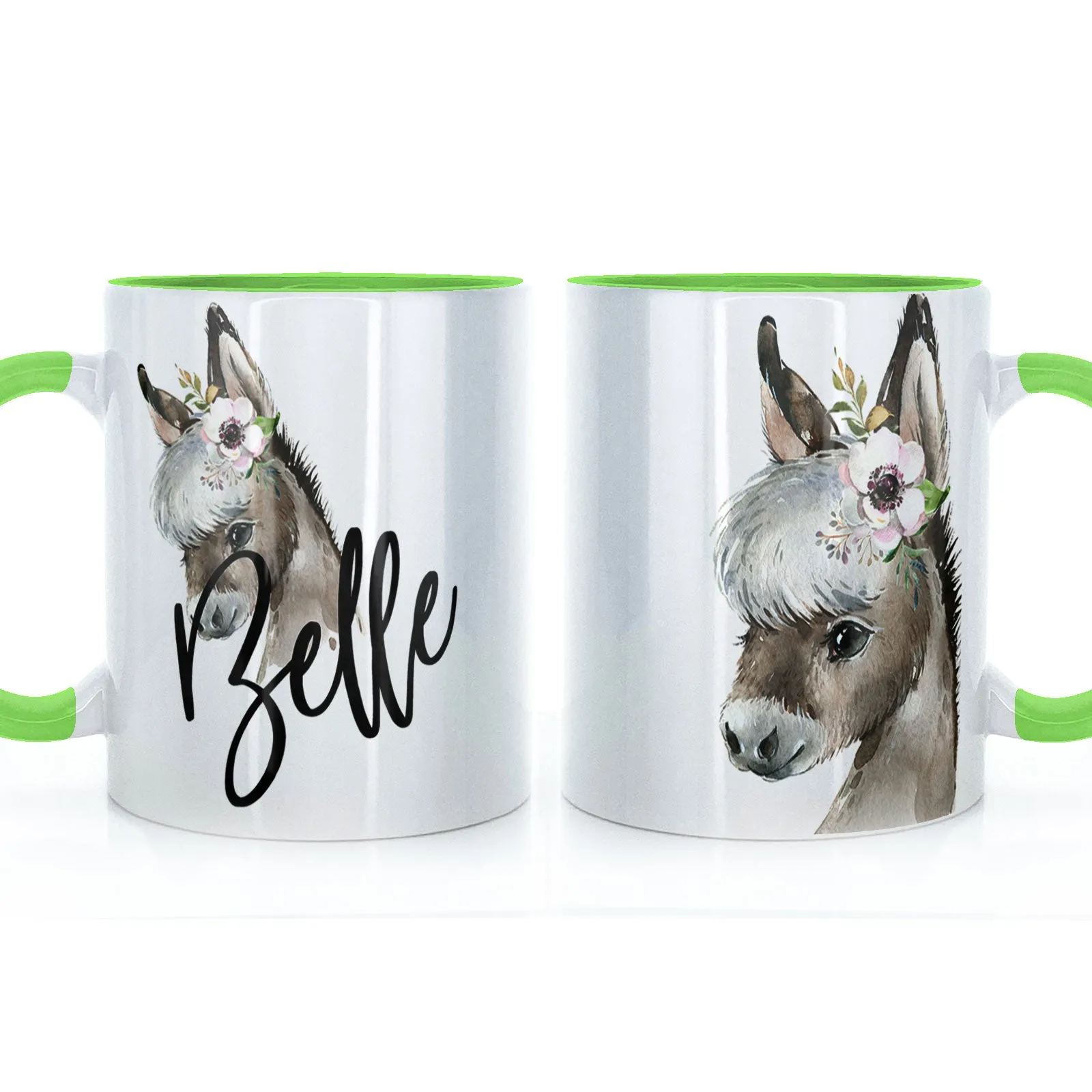 Personalised Mug with Stylish Text and White Flower Donkey